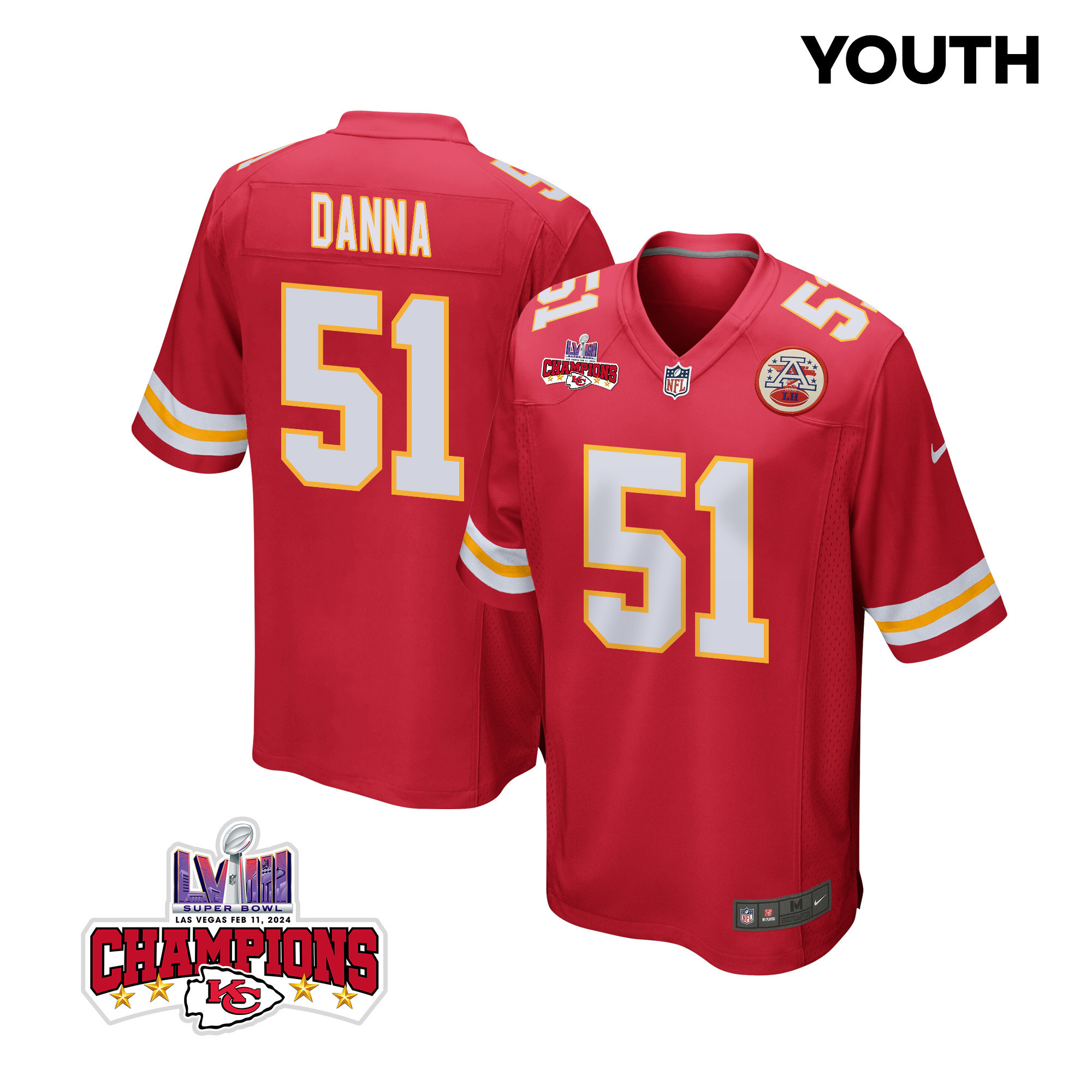 Mike Danna 51 Kansas City Chiefs Super Bowl LVIII Champions 4 Stars Patch Game YOUTH Jersey - Red JS7667 Saliibo