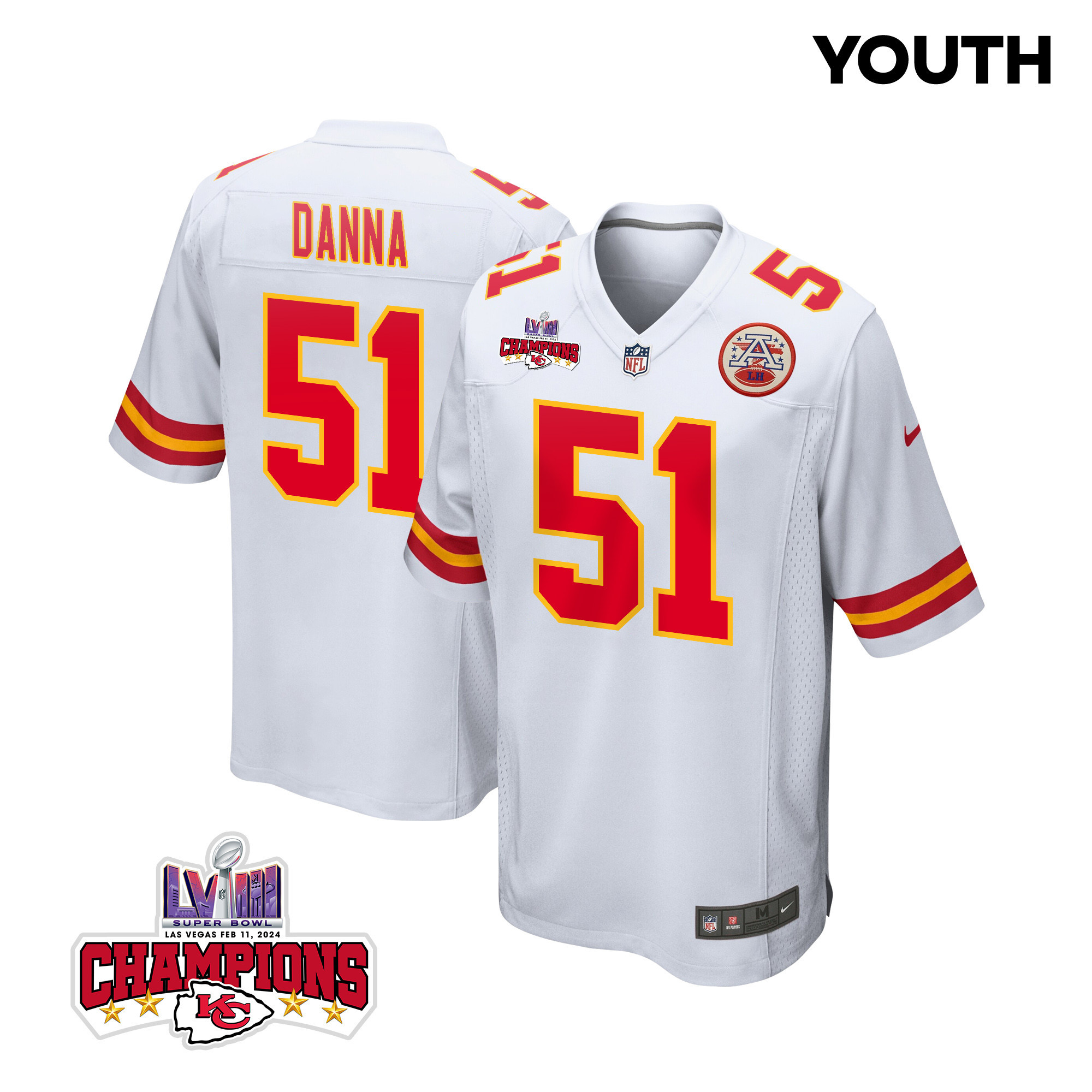 Mike Danna 51 Kansas City Chiefs Super Bowl LVIII Champions 4 Stars Patch Game YOUTH Jersey - White JS8978 Saliibo