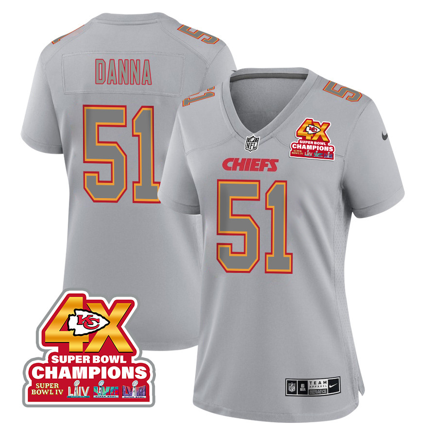 Mike Danna 51 Kansas City Chiefs Super Bowl LVIII Champions 4X Atmosphere Fashion Game Women Jersey - Gray JS6535 Saliibo