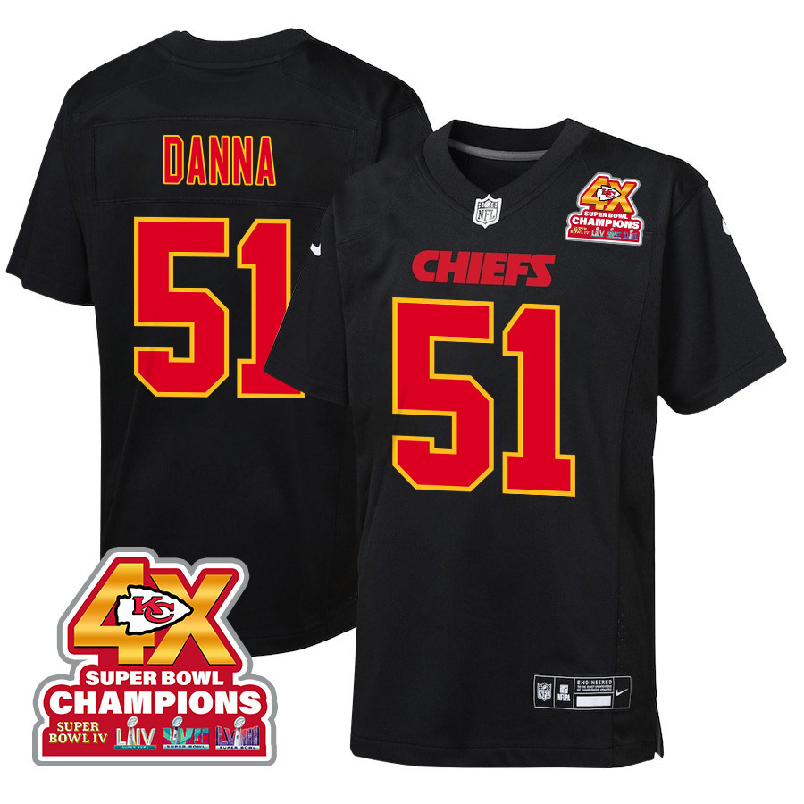 Mike Danna 51 Kansas City Chiefs Super Bowl LVIII Champions 4X Fashion Game YOUTH Jersey - Carbon Black JS8782 Saliibo