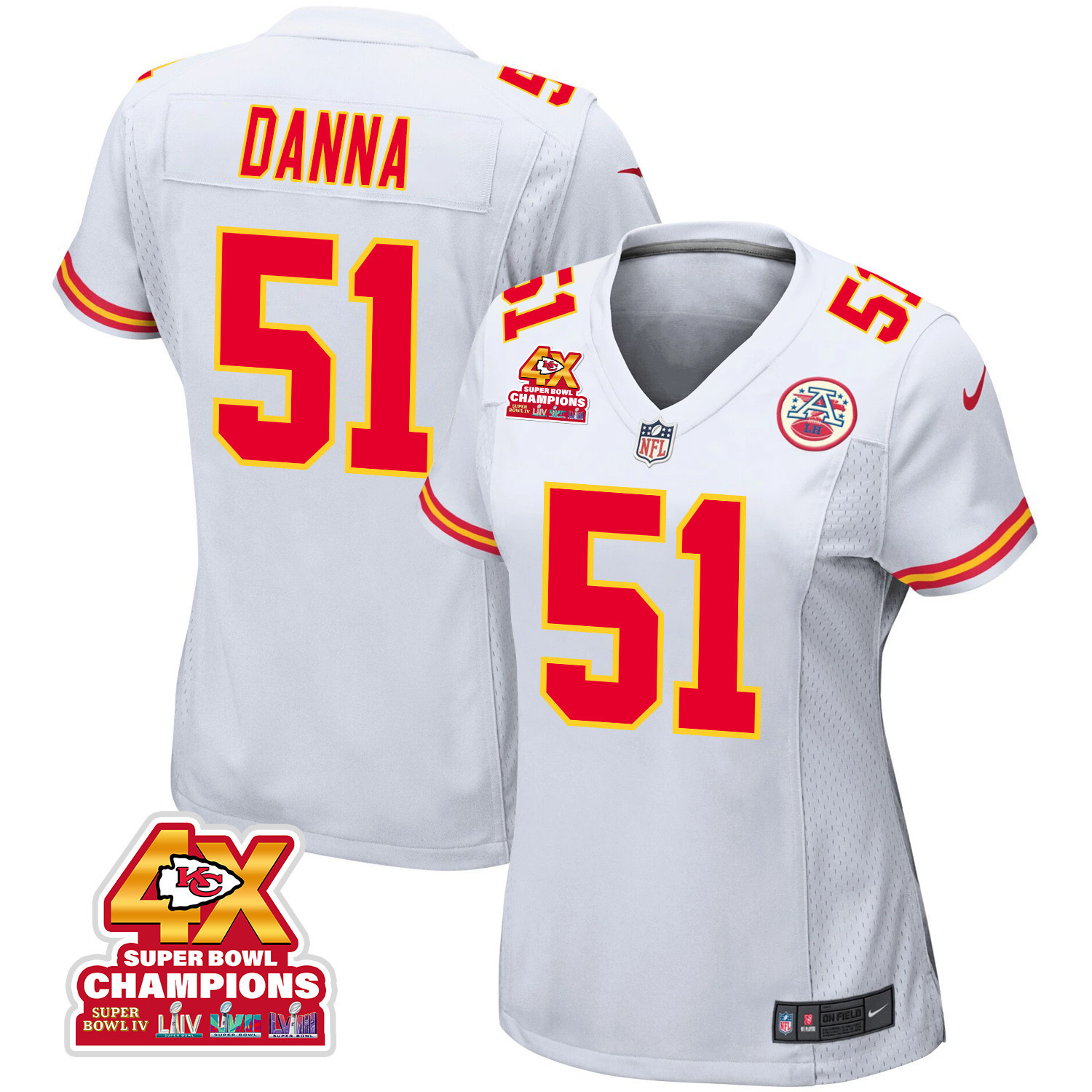 Mike Danna 51 Kansas City Chiefs Super Bowl LVIII Champions 4X Game Women Jersey - White JS9694 Saliibo