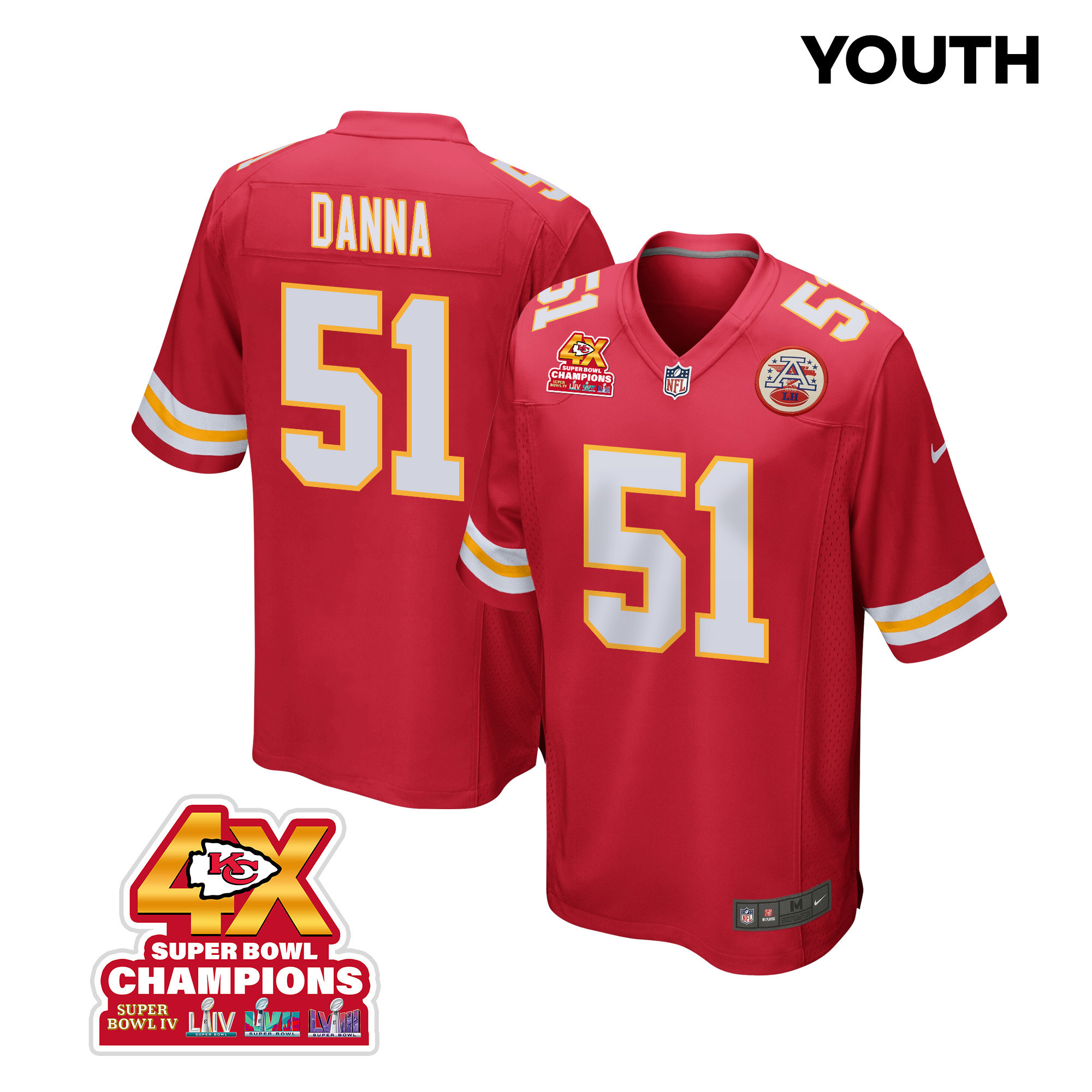 Mike Danna 51 Kansas City Chiefs Super Bowl LVIII Champions 4X Game YOUTH Jersey - Red JS6091 Saliibo