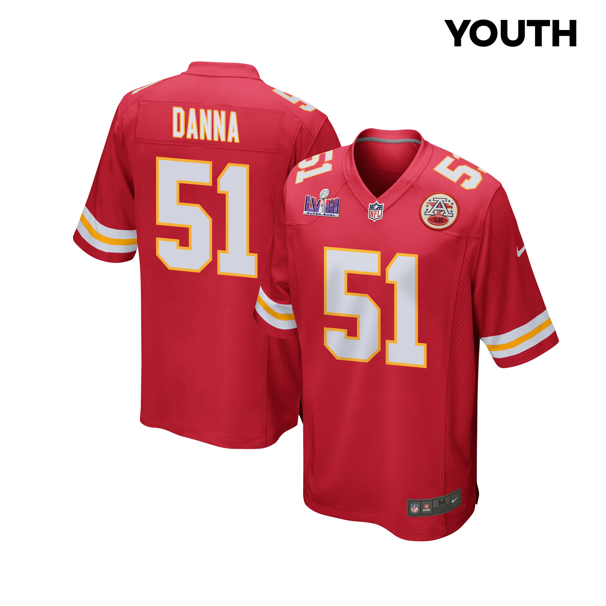Mike Danna 51 Kansas City Chiefs Super Bowl LVIII Patch Game YOUTH Jersey - Red JS8349 Saliibo