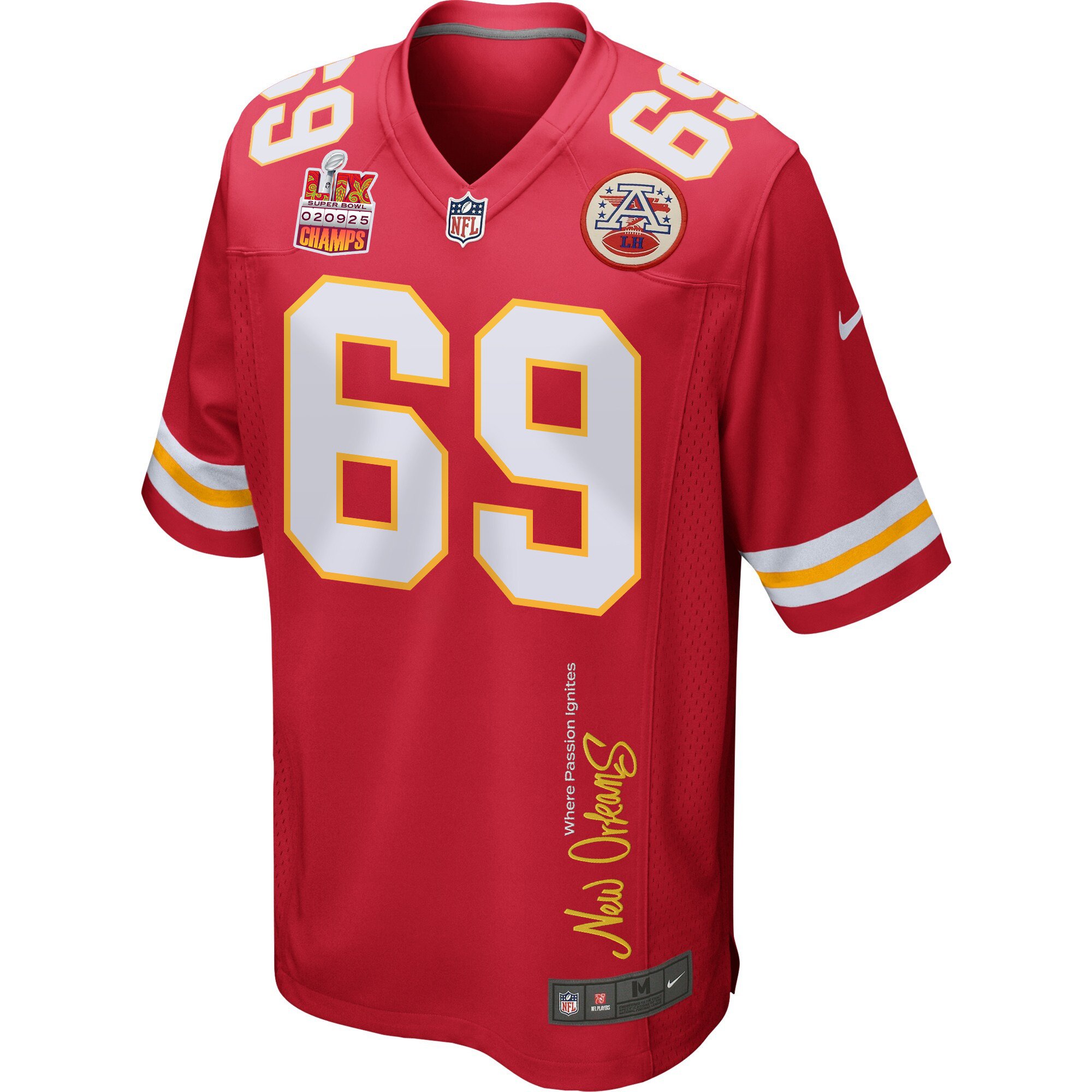 Mike Pennel 69 Kansas City Chiefs Super Bowl LIX Champions Patch 'New Orleans - Where Passion Ignites' EMBROIDERED Game Men Jersey - Red JS5755 Saliibo - Image 3