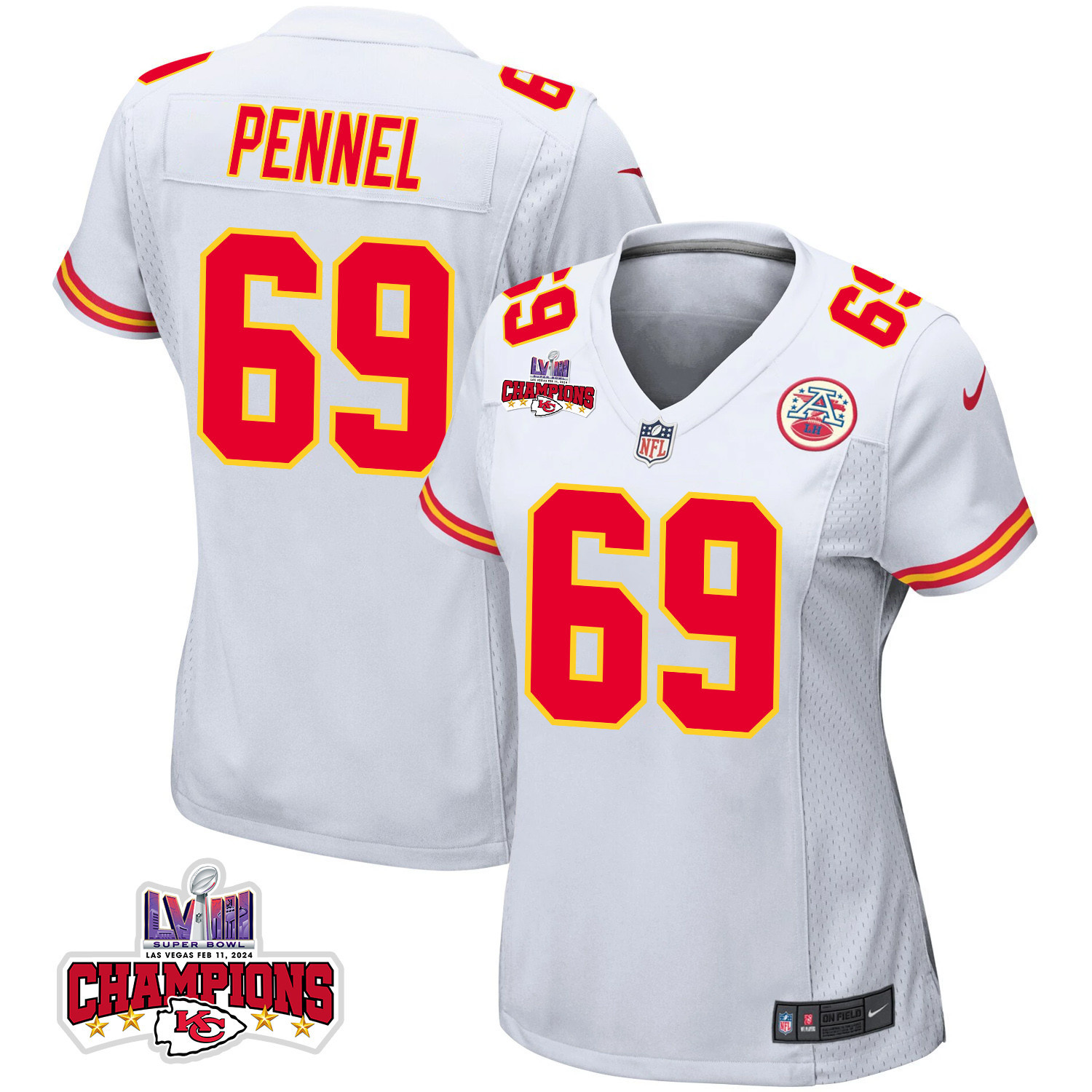 Mike Pennel 69 Kansas City Chiefs Super Bowl LVIII Champions 4 Stars Patch Game Women Jersey - White JS9095 Saliibo