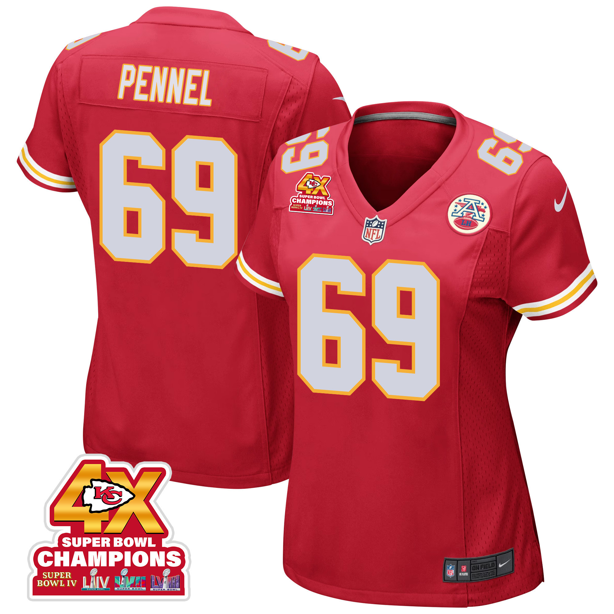 Mike Pennel 69 Kansas City Chiefs Super Bowl LVIII Champions 4X Game Women Jersey - Red JS1998 Saliibo
