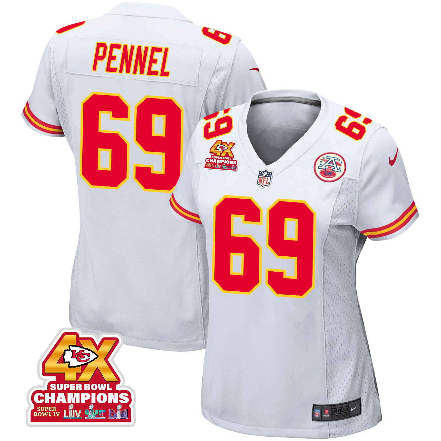 Mike Pennel 69 Kansas City Chiefs Super Bowl LVIII Champions 4X Game Women Jersey - White JS4469 Saliibo