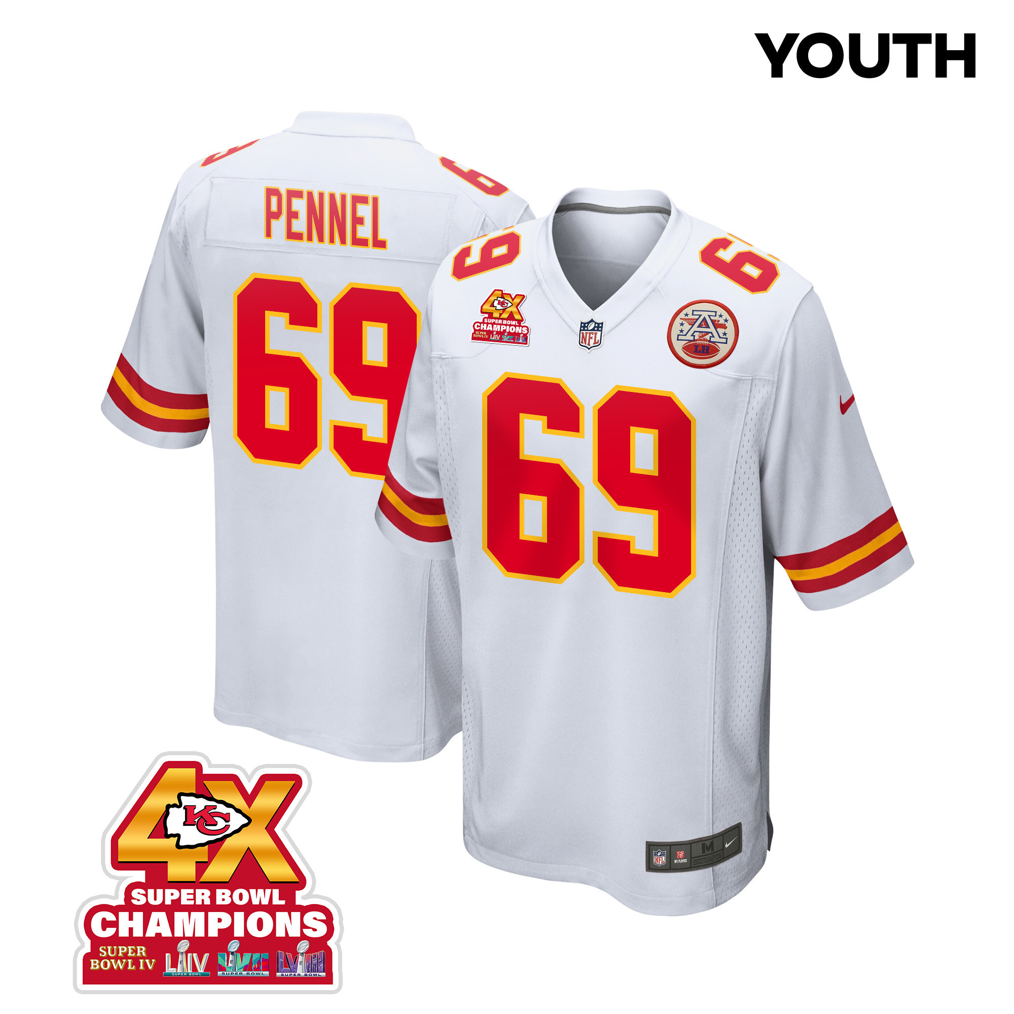Mike Pennel 69 Kansas City Chiefs Super Bowl LVIII Champions 4X Game YOUTH Jersey - White JS5708 Saliibo
