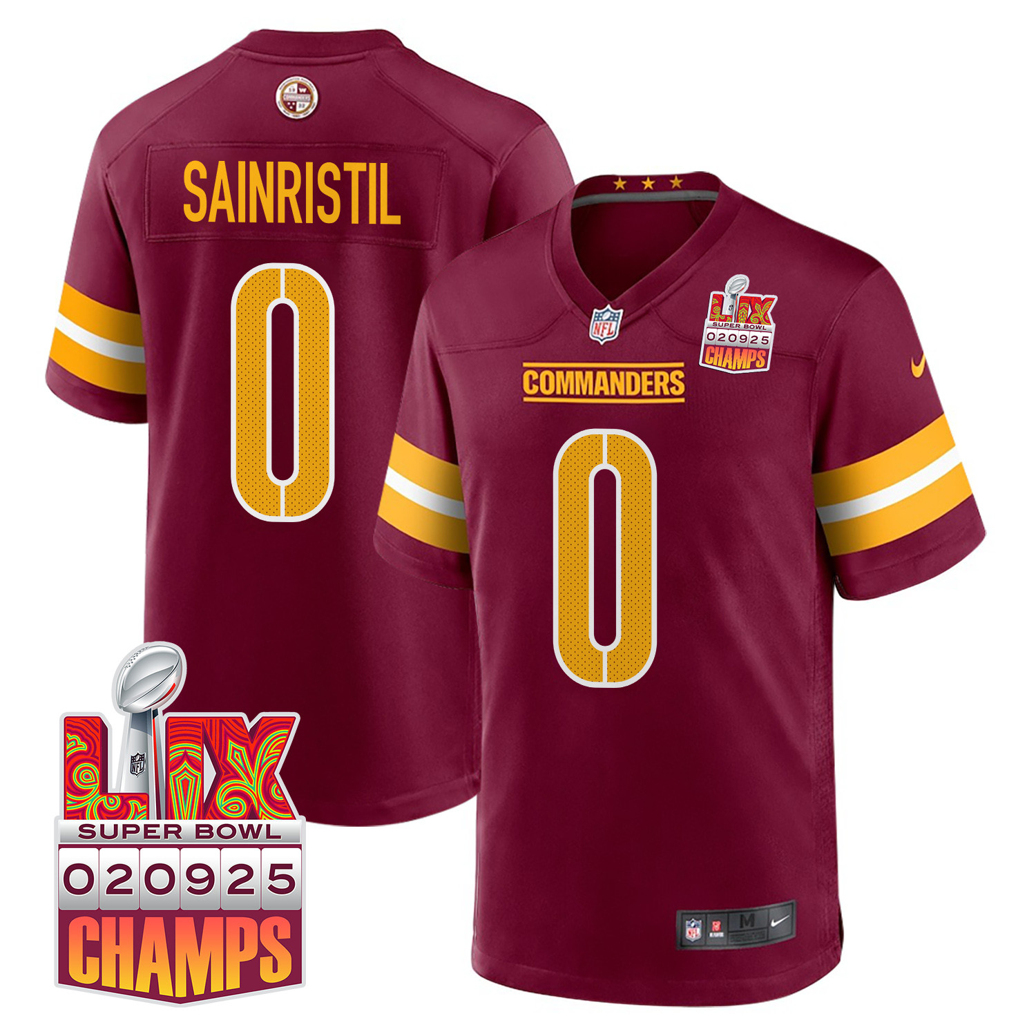 Mike Sainristil 0 Washington Commanders Super Bowl LIX Champions Patch Game Men Jersey - Burgundy JS9562 Saliibo