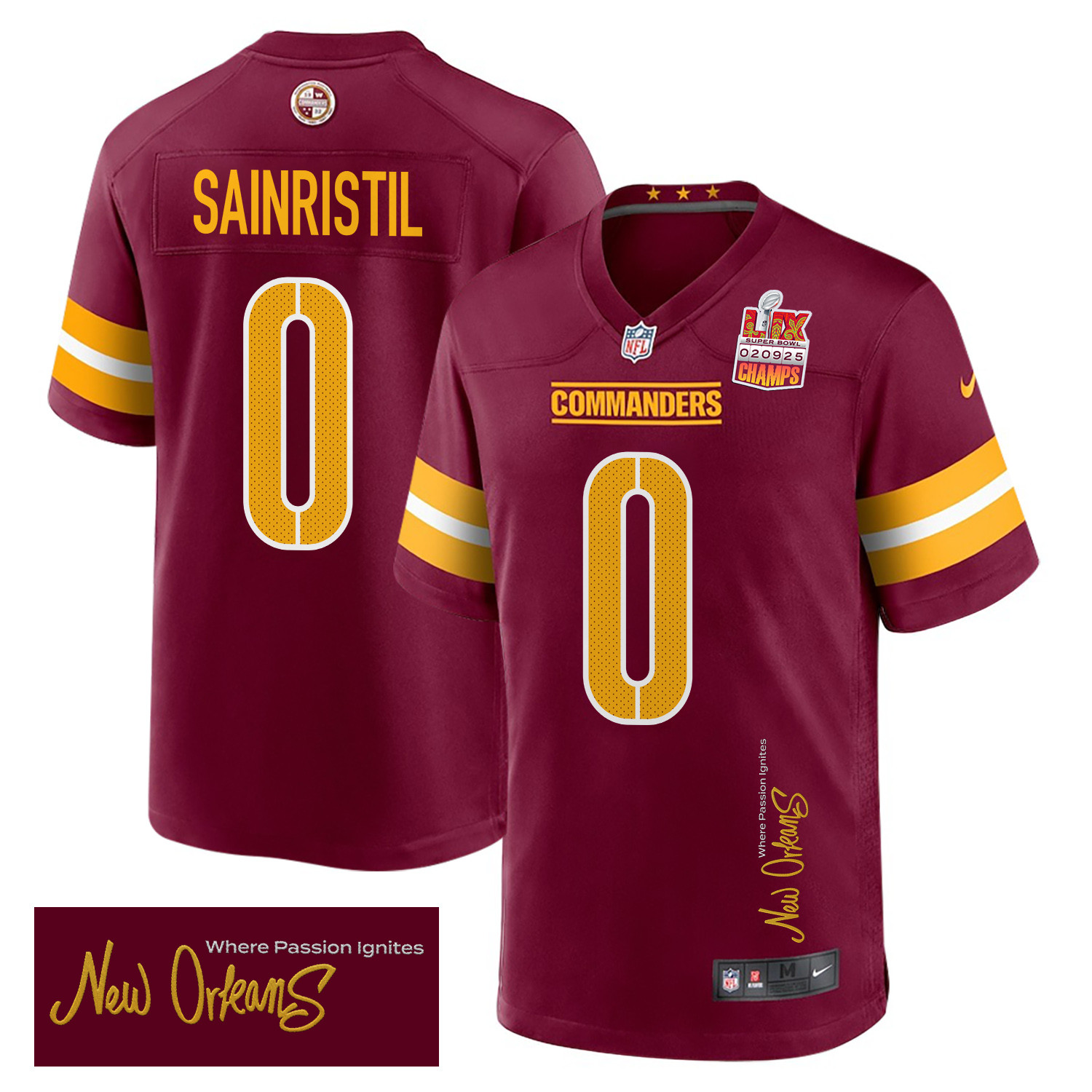 Mike Sainristil 0 Washington Commanders Super Bowl LIX Champions Patch 'New Orleans - Where Passion Ignites' EMBROIDERED Game Men Jersey - Burgundy JS2763 Saliibo