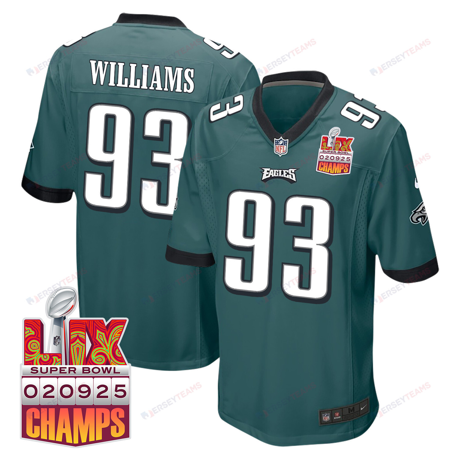 Milton Williams 93 Philadelphia Eagles Super Bowl LIX Champions Patch Game Men Jersey - Midnight Green JS9269 Saliibo