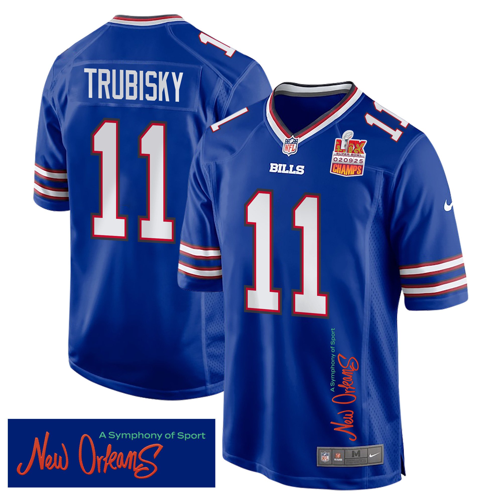Mitchell Trubisky 11 Buffalo Bills Super Bowl LIX Champions Patch 'New Orleans - A Symphony of Sport' EMBROIDERED Game Men Jersey - Royal JS4057 Saliibo