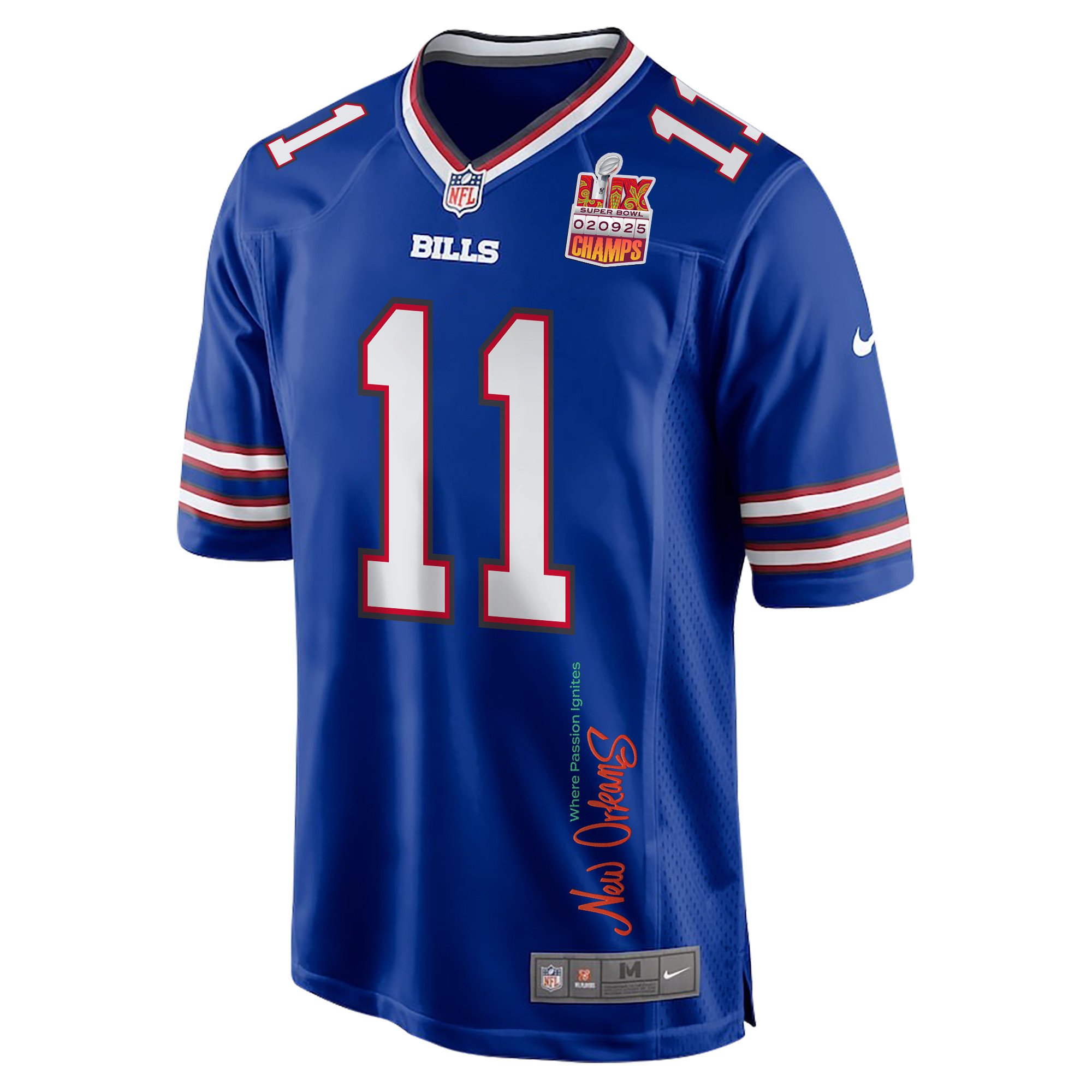 Mitchell Trubisky 11 Buffalo Bills Super Bowl LIX Champions Patch 'New Orleans - Where Passion Ignites' EMBROIDERED Game Men Jersey - Royal JS3506 Saliibo - Image 3