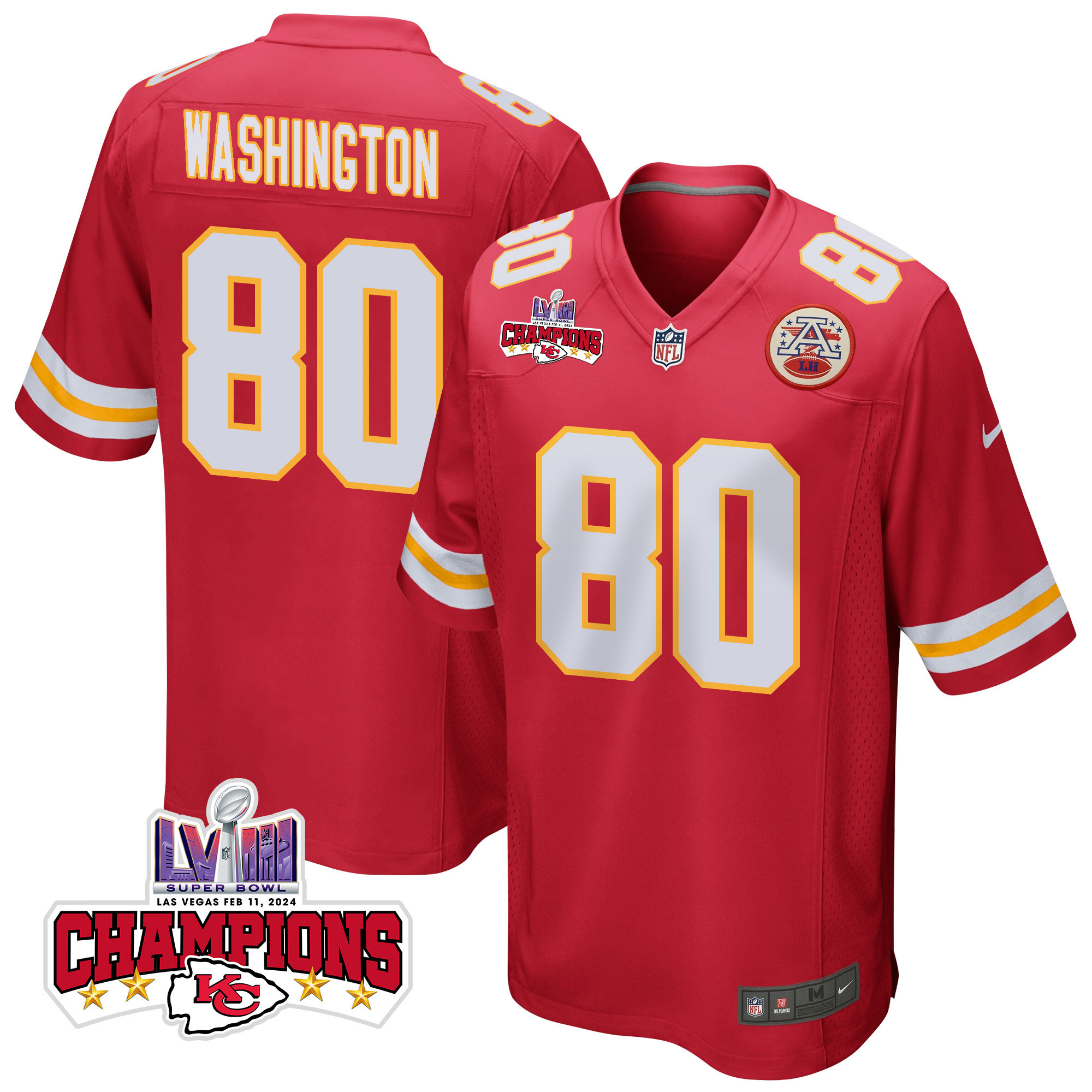 Montrell Washington 80 Kansas City Chiefs Super Bowl LVIII Champions 4 Stars Patch Game Men Jersey - Red JS7891 Saliibo