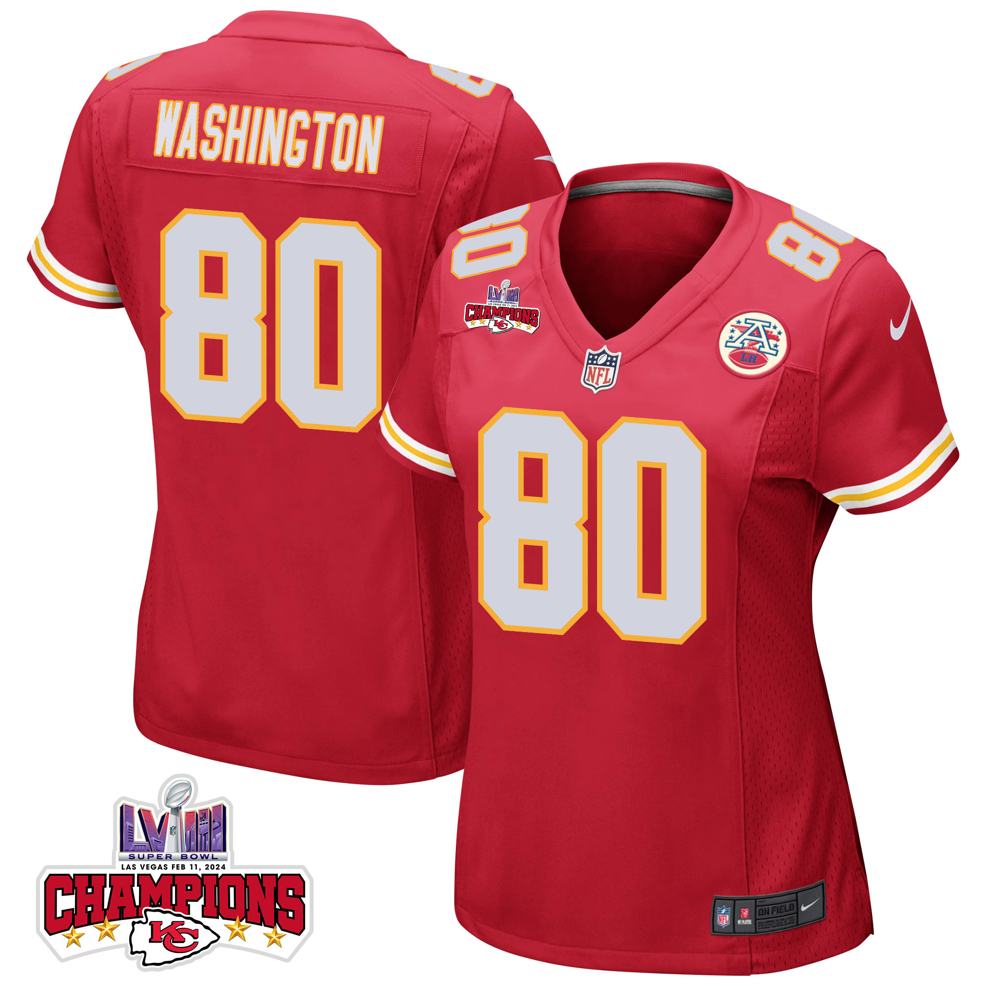 Montrell Washington 80 Kansas City Chiefs Super Bowl LVIII Champions 4 Stars Patch Game Women Jersey - Red JS2722 Saliibo