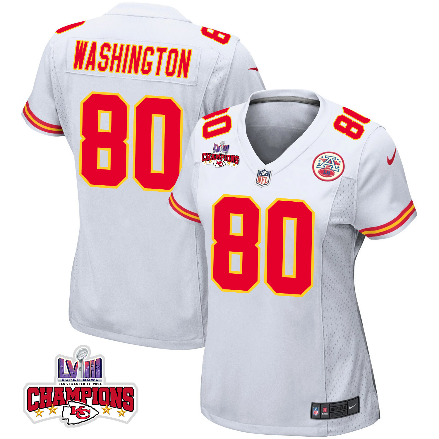Montrell Washington 80 Kansas City Chiefs Super Bowl LVIII Champions 4 Stars Patch Game Women Jersey - White JS8864 Saliibo