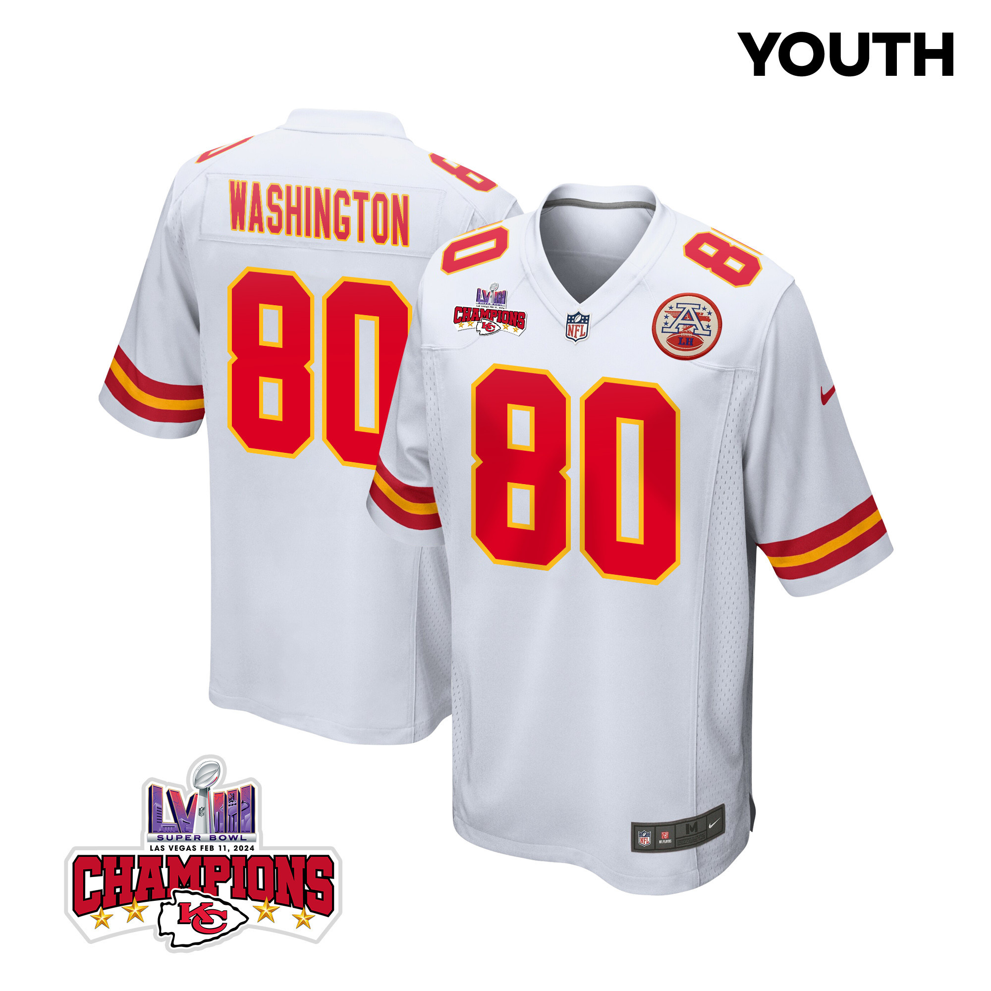 Montrell Washington 80 Kansas City Chiefs Super Bowl LVIII Champions 4 Stars Patch Game YOUTH Jersey - White JS8481 Saliibo