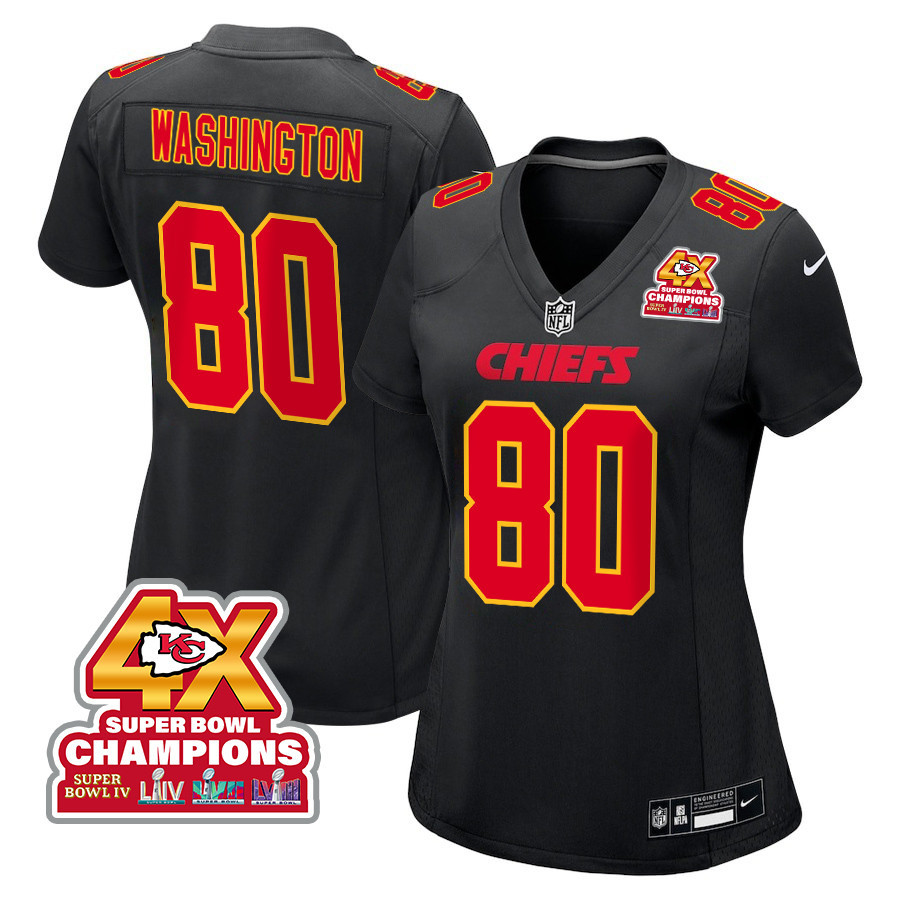 Montrell Washington 80 Kansas City Chiefs Super Bowl LVIII Champions 4X Fashion Game Women Jersey - Carbon Black JS9660 Saliibo