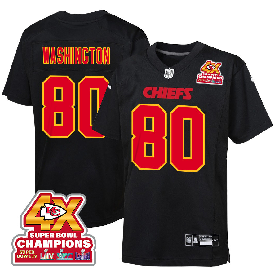 Montrell Washington 80 Kansas City Chiefs Super Bowl LVIII Champions 4X Fashion Game YOUTH Jersey - Carbon Black JS6854 Saliibo