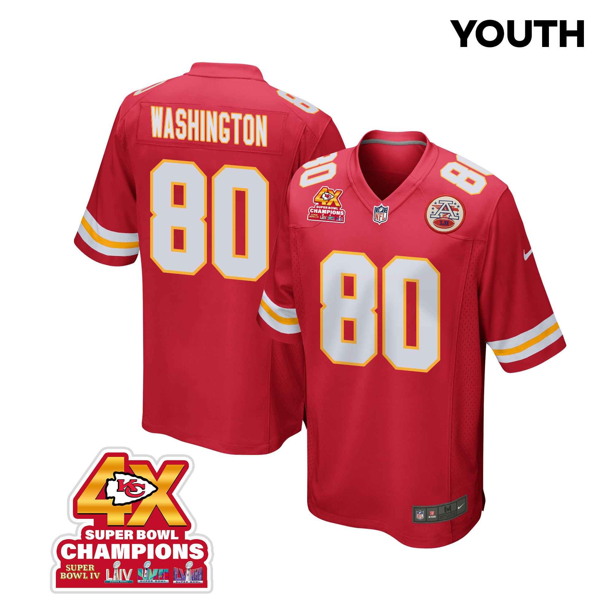Montrell Washington 80 Kansas City Chiefs Super Bowl LVIII Champions 4X Game YOUTH Jersey - Red JS2593 Saliibo