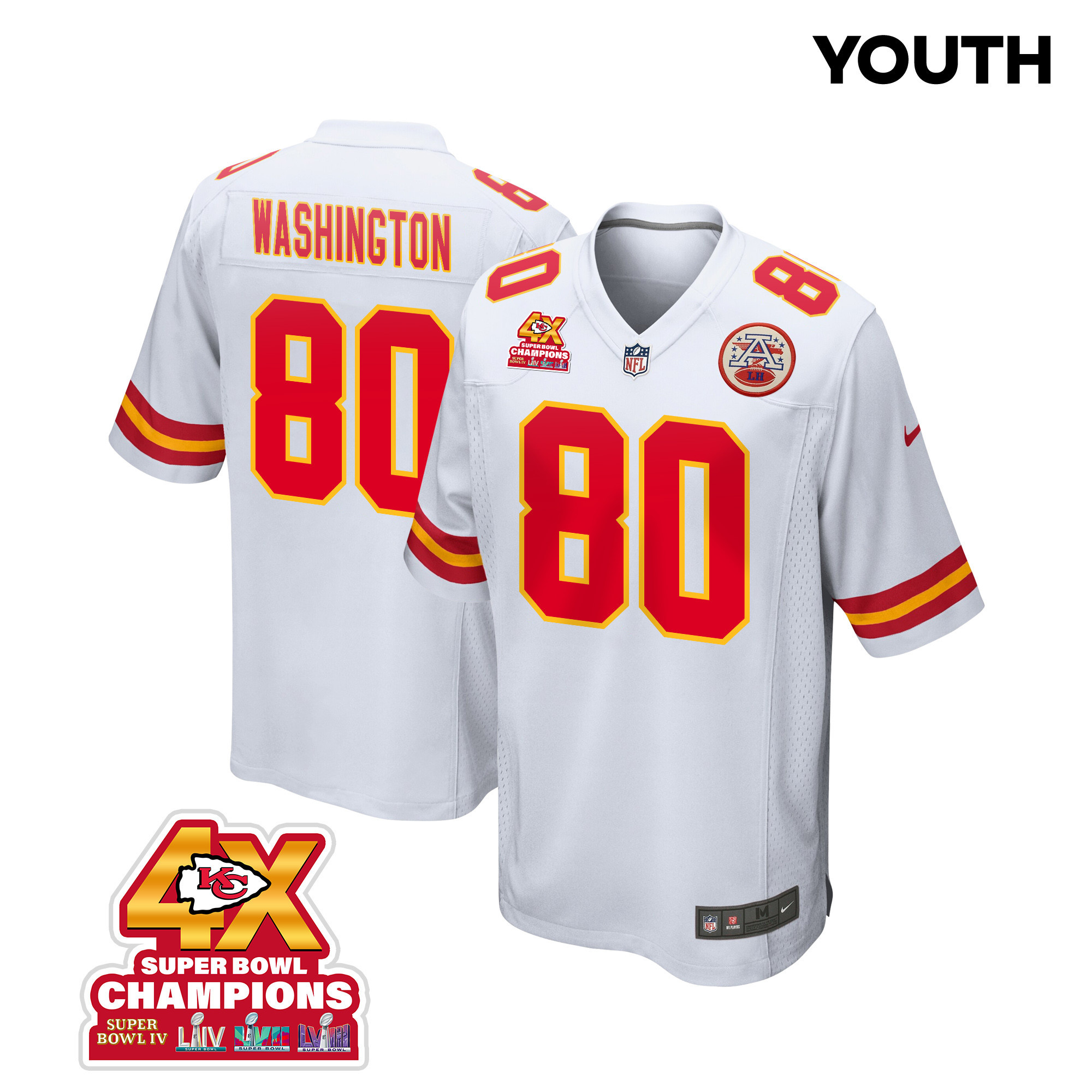 Montrell Washington 80 Kansas City Chiefs Super Bowl LVIII Champions 4X Game YOUTH Jersey - White JS4531 Saliibo