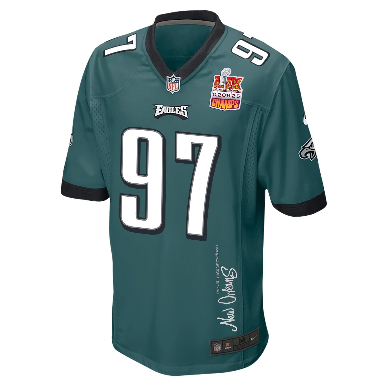 Moro Ojomo 97 Philadelphia Eagles Super Bowl LIX Champions Patch 'New Orleans - The Ultimate Showdown' EMBROIDERED Game Men Jersey - Midnight Green JS2660 Saliibo - Image 3