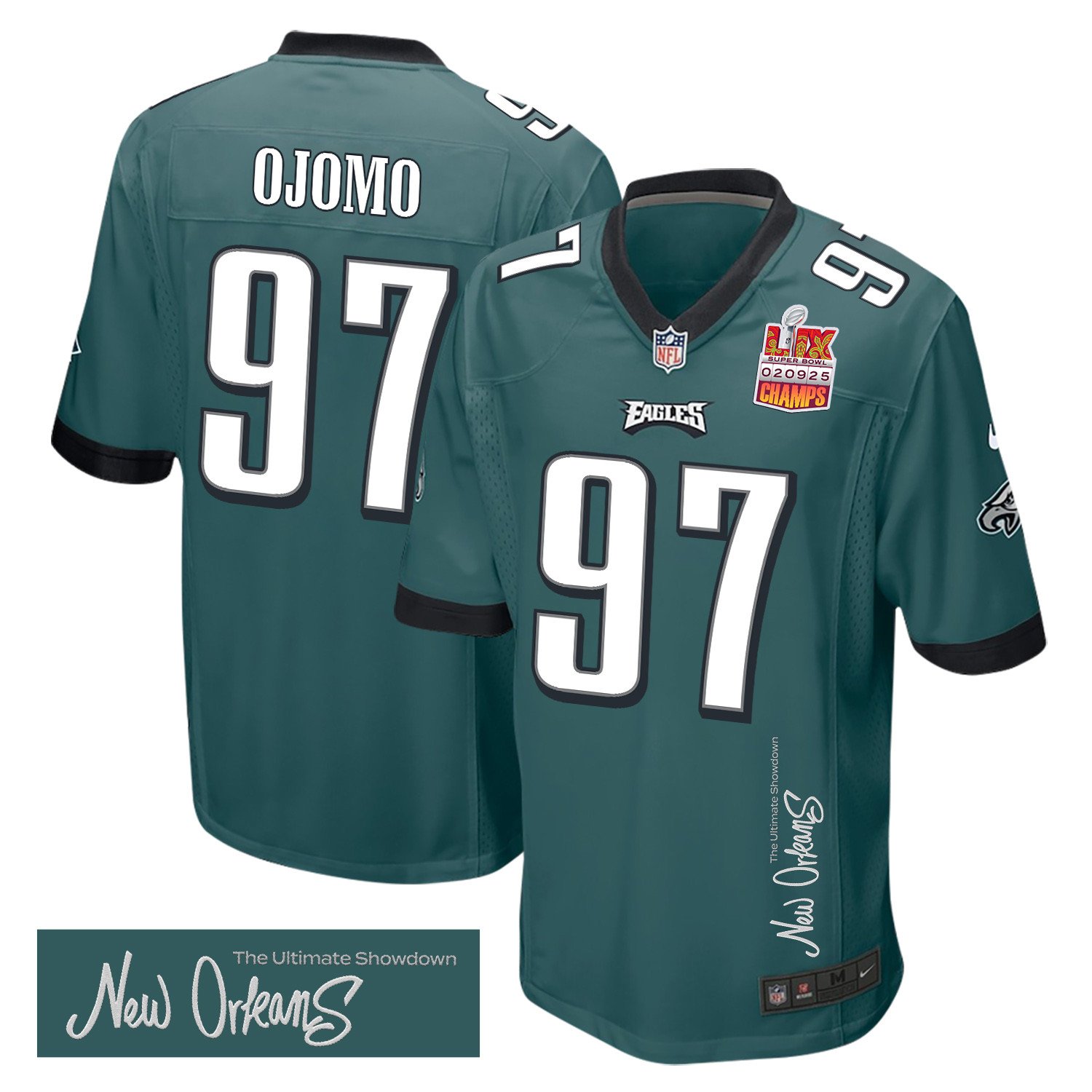 Moro Ojomo 97 Philadelphia Eagles Super Bowl LIX Champions Patch 'New Orleans - The Ultimate Showdown' EMBROIDERED Game Men Jersey - Midnight Green JS2660 Saliibo