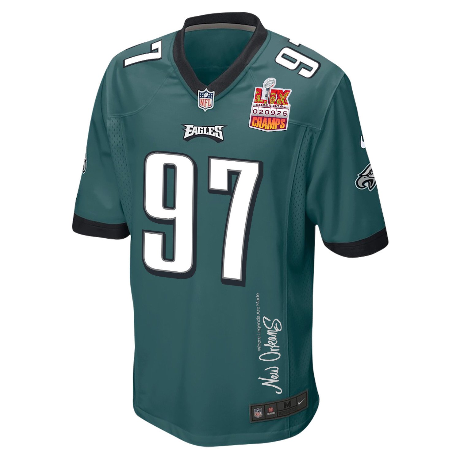 Moro Ojomo 97 Philadelphia Eagles Super Bowl LIX Champions Patch 'New Orleans - Where Legends Are Made' EMBROIDERED Game Men Jersey - Midnight Green JS9161 Saliibo - Image 3