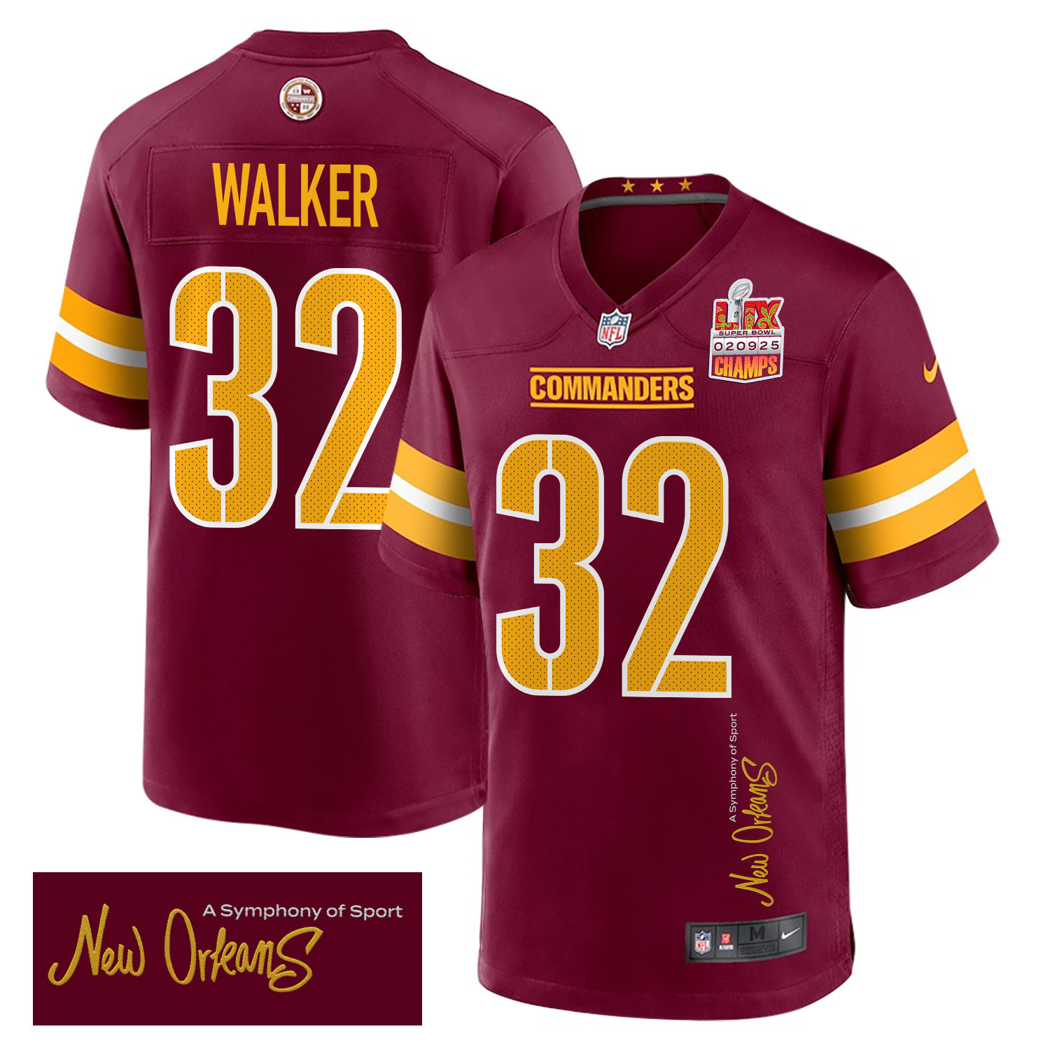 Mykal Walker 32 Washington Commanders Super Bowl LIX Champions Patch 'New Orleans - A Symphony of Sport' EMBROIDERED Game Men Jersey - Burgundy JS2529 Saliibo