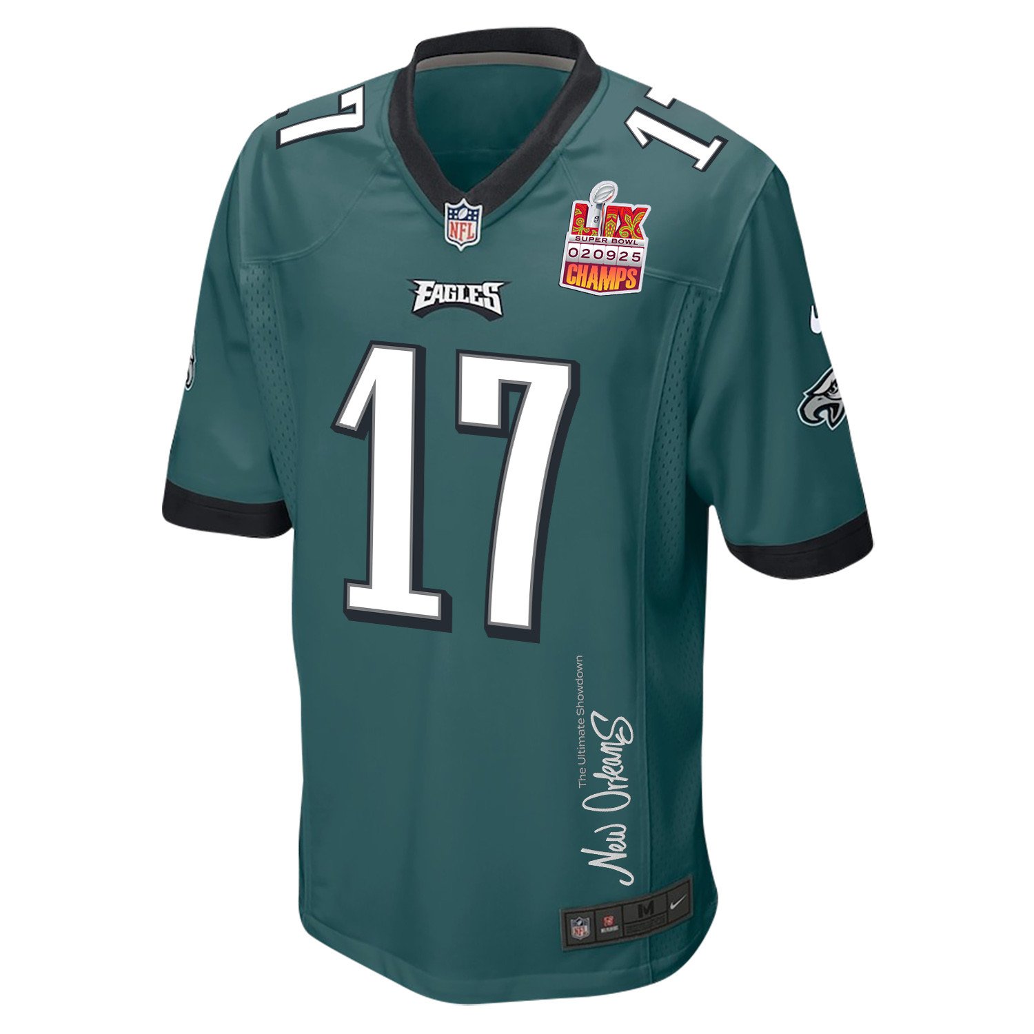 Nakobe Dean 17 Philadelphia Eagles Super Bowl LIX Champions Patch 'New Orleans - The Ultimate Showdown' EMBROIDERED Game Men Jersey - Midnight Green JS8709 Saliibo - Image 3