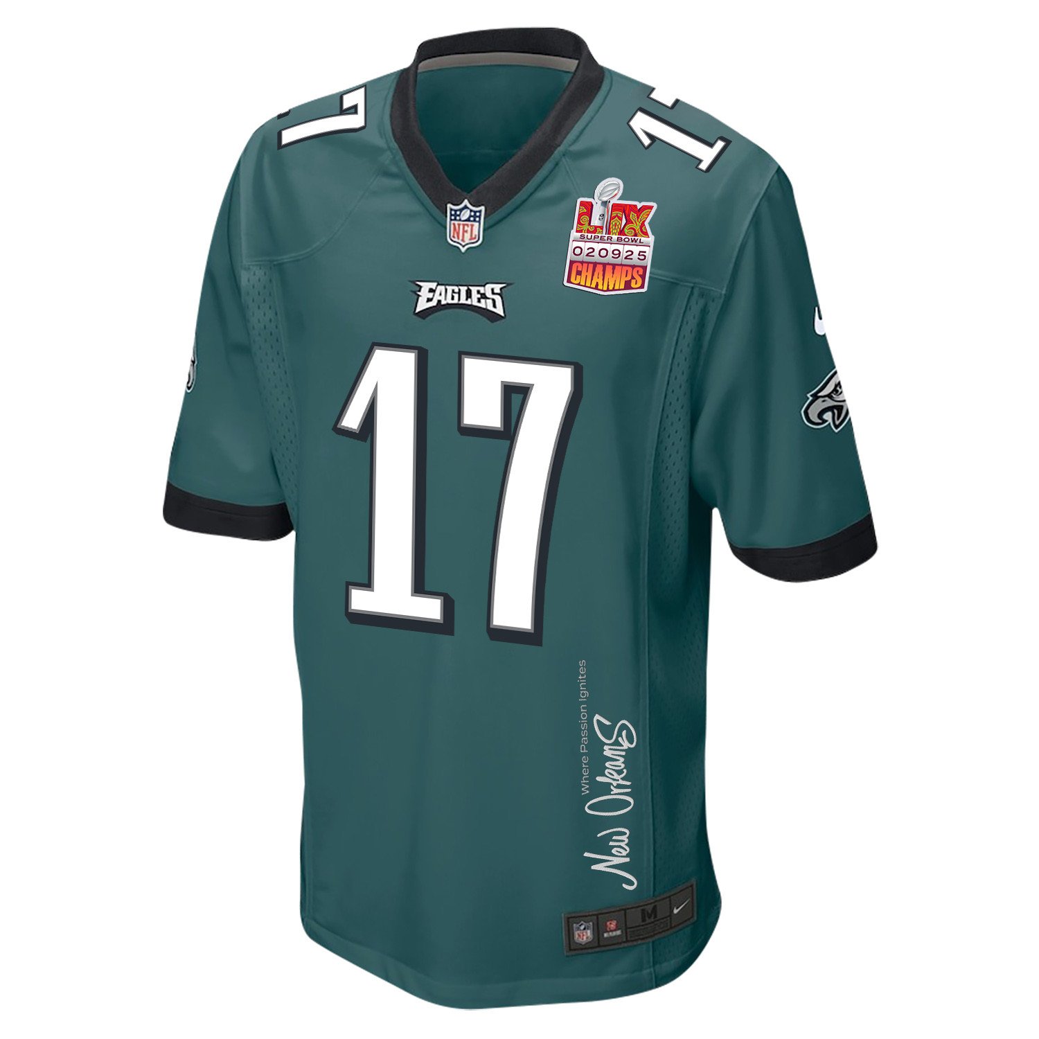 Nakobe Dean 17 Philadelphia Eagles Super Bowl LIX Champions Patch 'New Orleans - Where Passion Ignites' EMBROIDERED Game Men Jersey - Midnight Green JS4866 Saliibo - Image 3