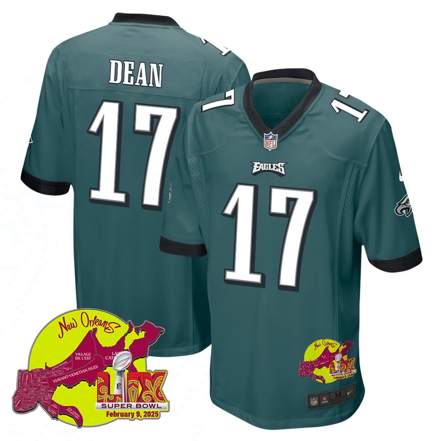 Nakobe Dean 17 Philadelphia Eagles Super Bowl LIX New Orleans Patch Game Men Jersey - Midnight Green JS6679 Saliibo