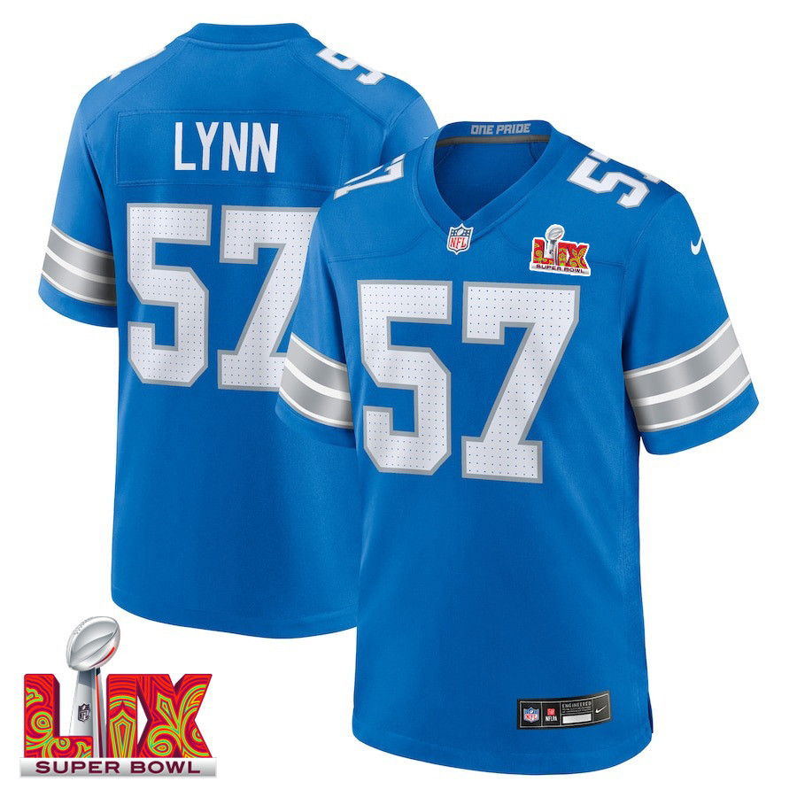 Nate Lynn #57 Detroit Lions Super Bowl LIX Jersey - Men's - Blue JS1123 Saliibo