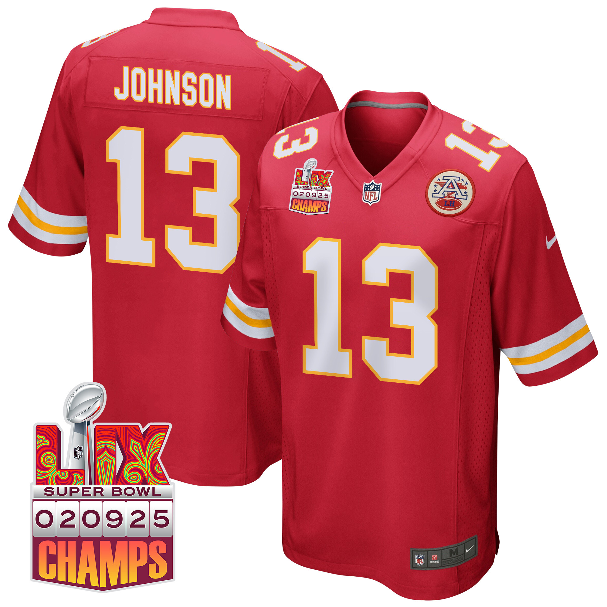 Nazeeh Johnson 13 Kansas City Chiefs Super Bowl LIX Champions Patch Game Men Jersey - Red JS5698 Saliibo