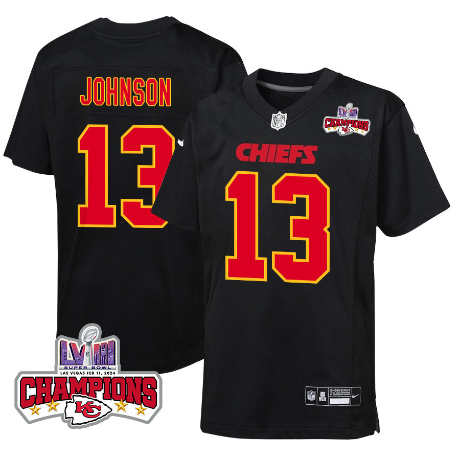 Nazeeh Johnson 13 Kansas City Chiefs Super Bowl LVIII Champions 4 Stars Patch Fashion Game YOUTH Jersey - Carbon Black JS7878 Saliibo