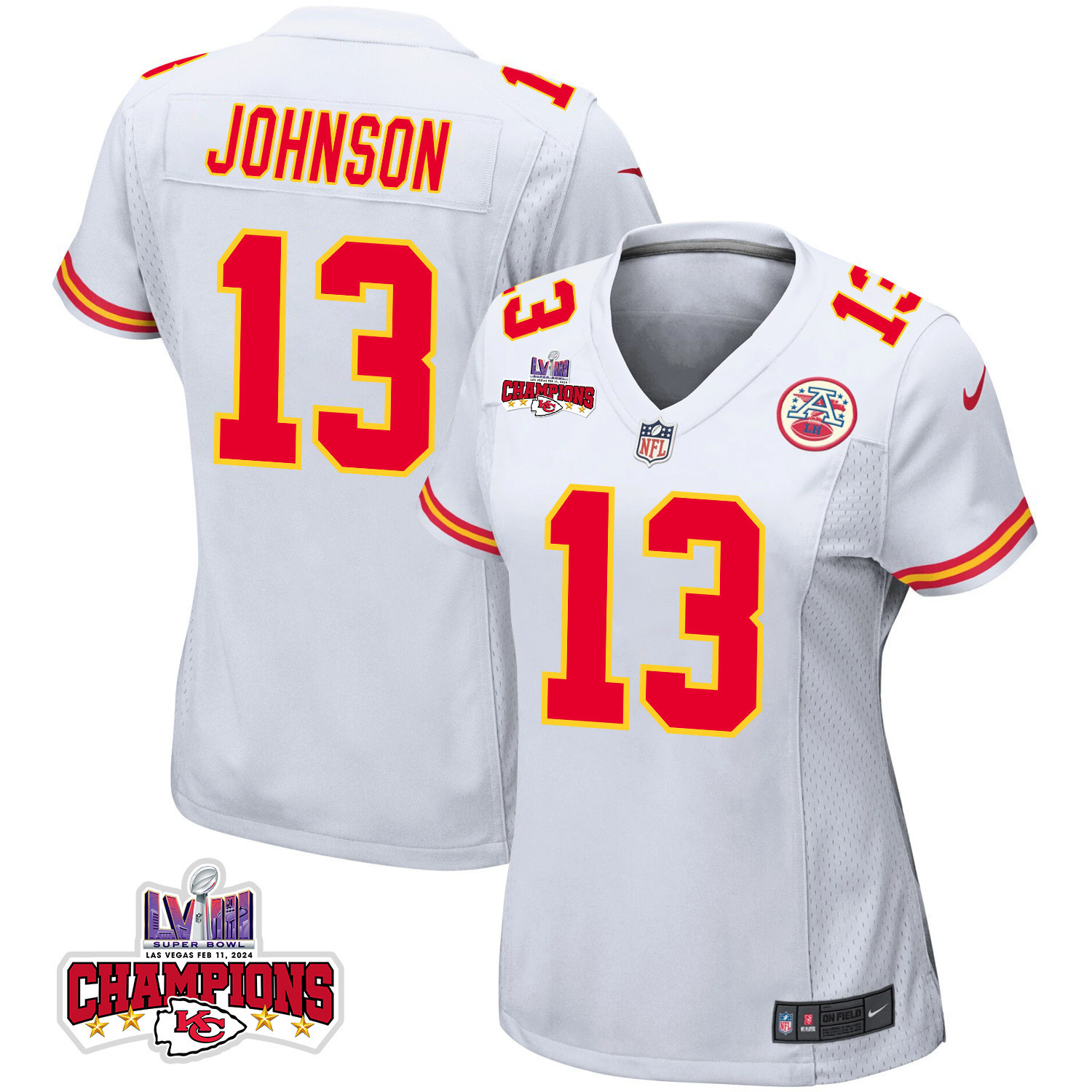 Nazeeh Johnson 13 Kansas City Chiefs Super Bowl LVIII Champions 4 Stars Patch Game Women Jersey - White JS2644 Saliibo