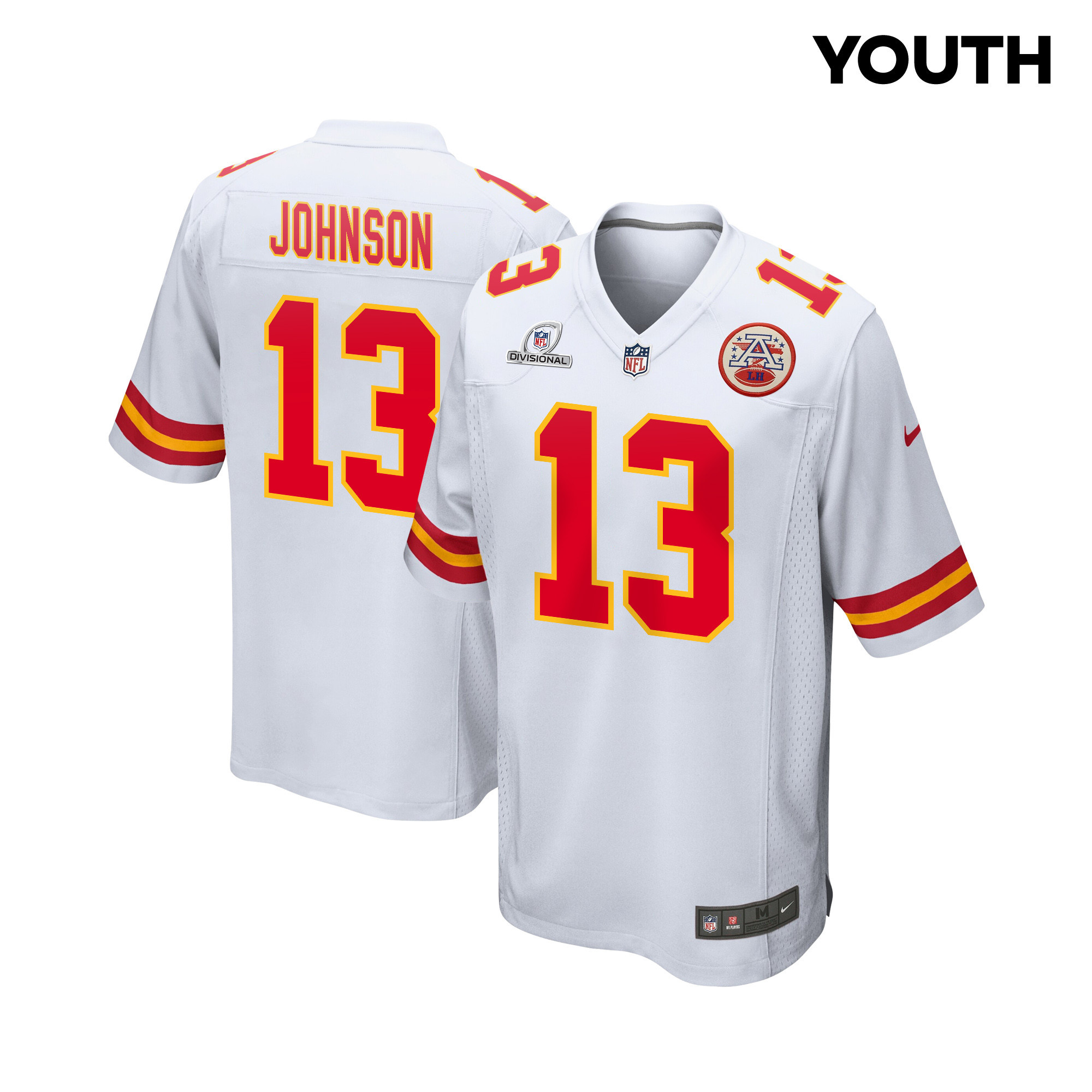 Nazeeh Johnson 13 Kansas City Chiefs Super Bowl LVIII Patch Game YOUTH Jersey - White JS8713 Saliibo