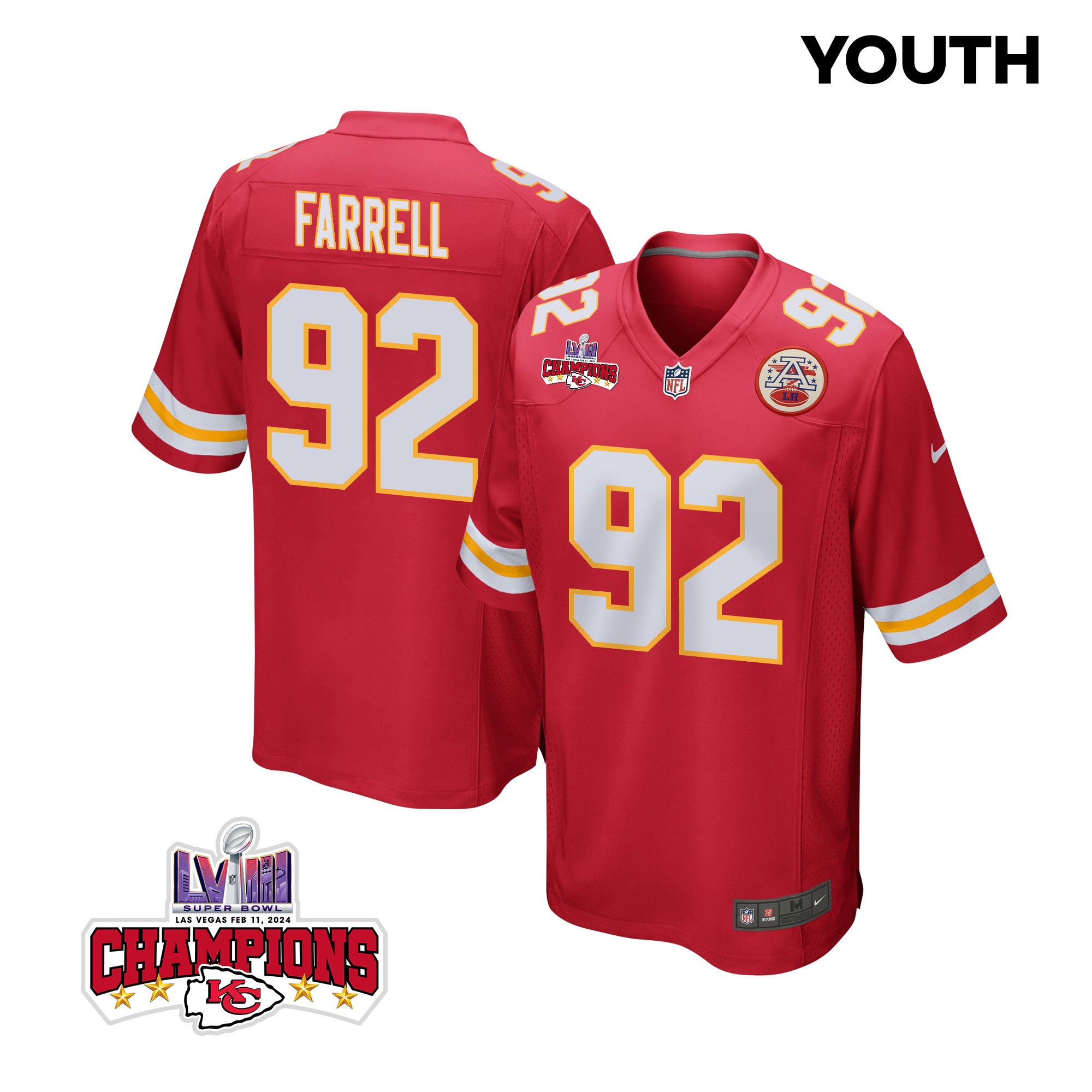 Neil Farrell 92 Kansas City Chiefs Super Bowl LVIII Champions 4 Stars Patch Game YOUTH Jersey - Red JS2553 Saliibo