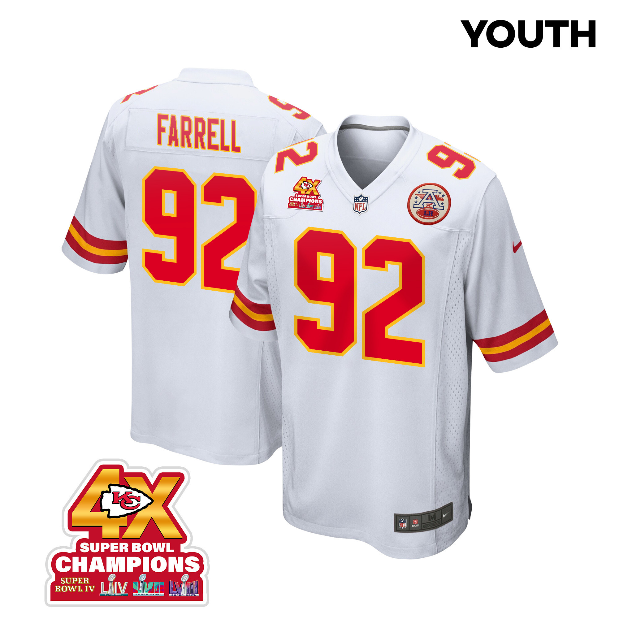 Neil Farrell 92 Kansas City Chiefs Super Bowl LVIII Champions 4X Game YOUTH Jersey - White JS4257 Saliibo
