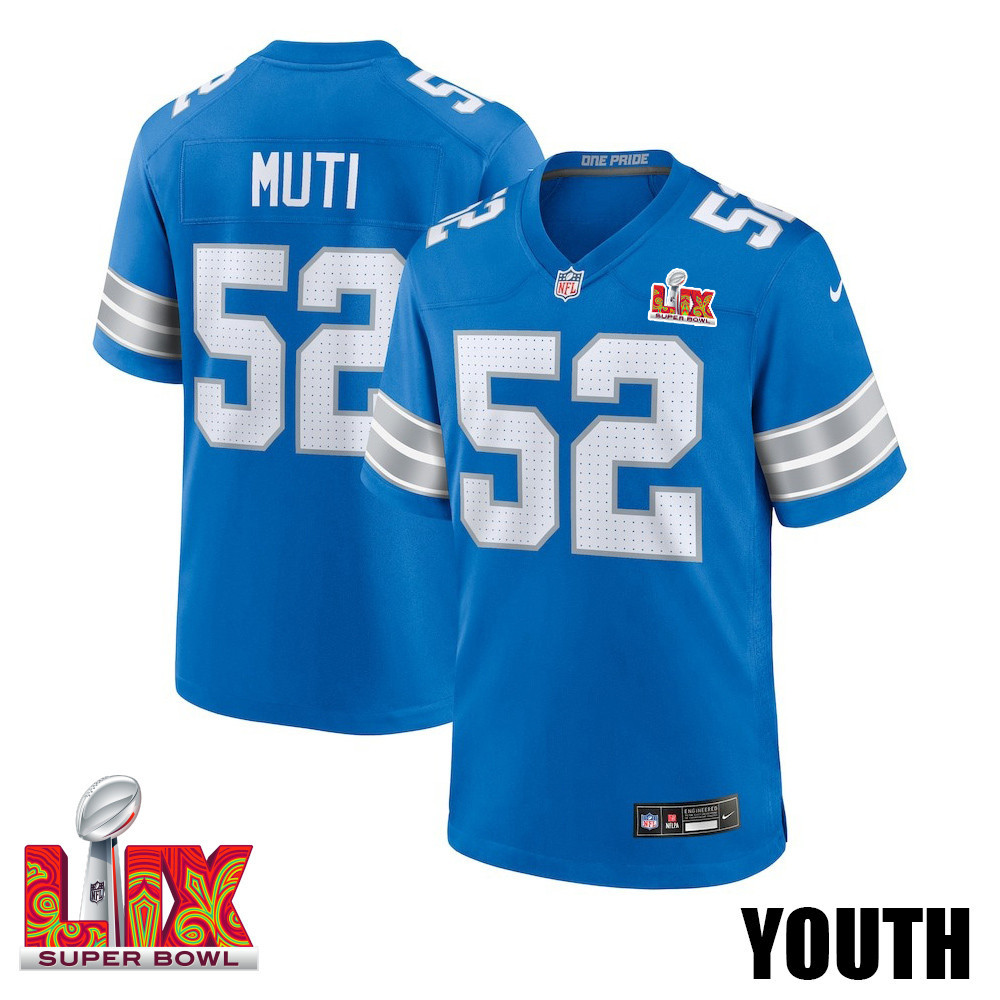 Netane Muti #52 Detroit Lions Super Bowl LIX YOUTH Jersey - Blue JS5222 Saliibo