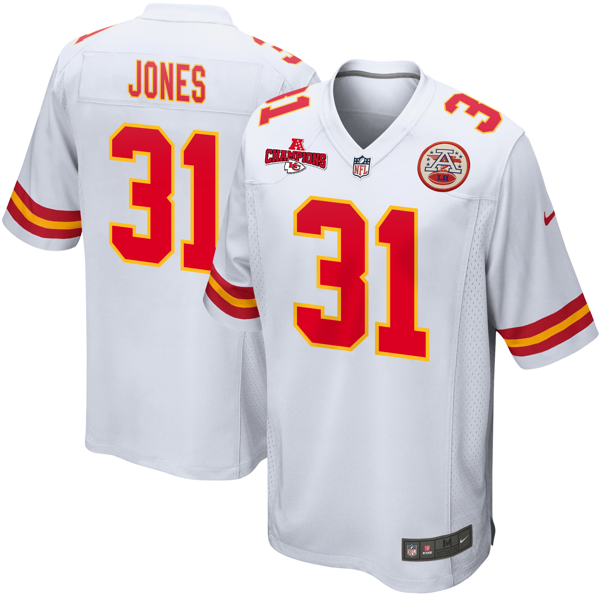 Nic Jones 31 Kansas City Chiefs AFC Champions Patch Game Men Jersey - White JS4555 Saliibo
