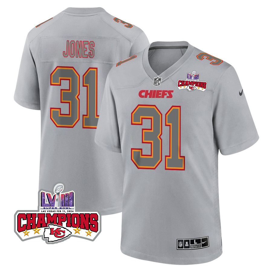 Nic Jones 31 Kansas City Chiefs Super Bowl LVIII Champions 4 Stars Patch Atmosphere Fashion Game Men Jersey - Gray JS7144 Saliibo