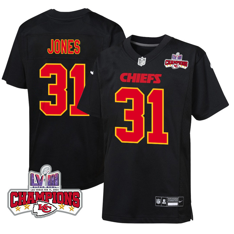 Nic Jones 31 Kansas City Chiefs Super Bowl LVIII Champions 4 Stars Patch Fashion Game YOUTH Jersey - Carbon Black JS1972 Saliibo