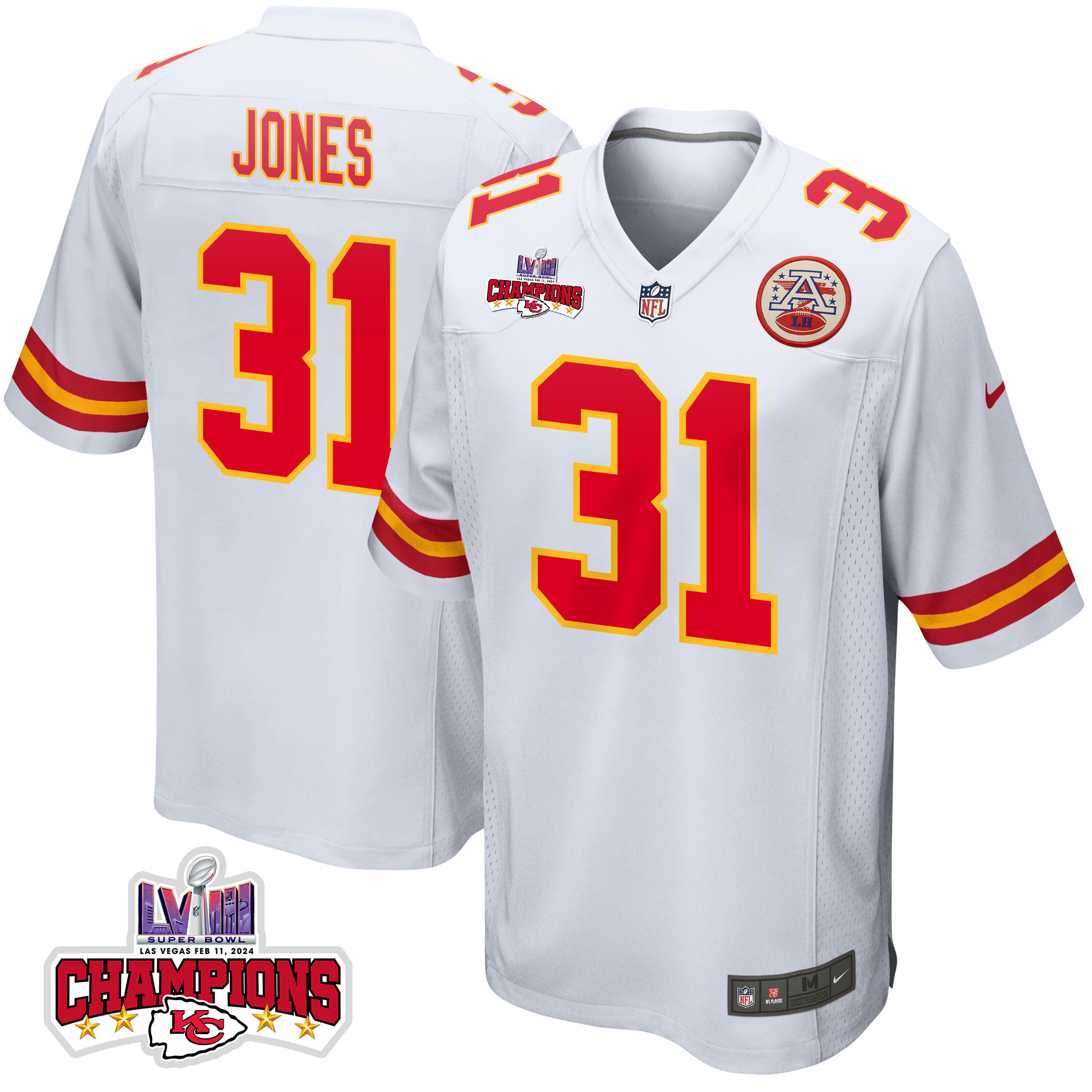 Nic Jones 31 Kansas City Chiefs Super Bowl LVIII Champions 4 Stars Patch Game Men Jersey - White JS6083 Saliibo