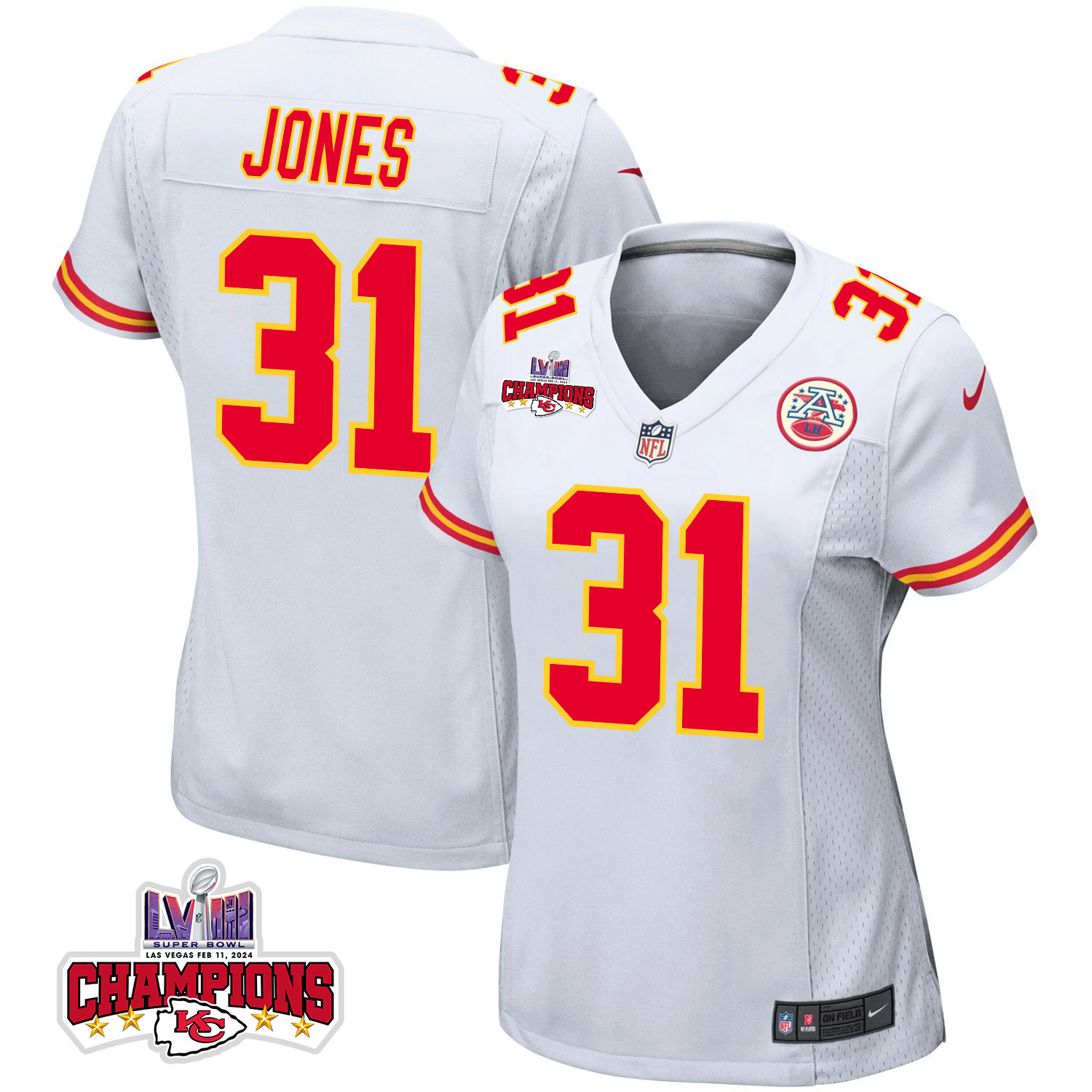 Nic Jones 31 Kansas City Chiefs Super Bowl LVIII Champions 4 Stars Patch Game Women Jersey - White JS5595 Saliibo