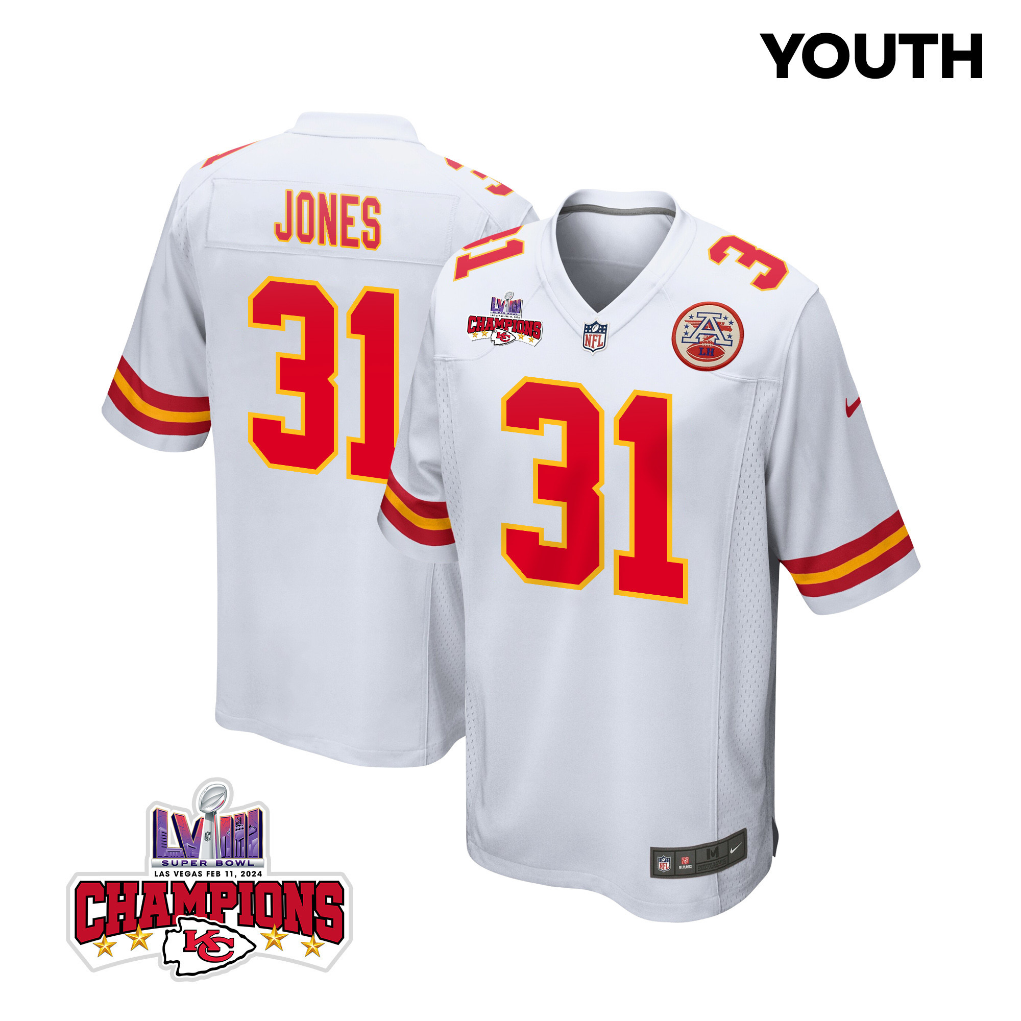Nic Jones 31 Kansas City Chiefs Super Bowl LVIII Champions 4 Stars Patch Game YOUTH Jersey - White JS3376 Saliibo