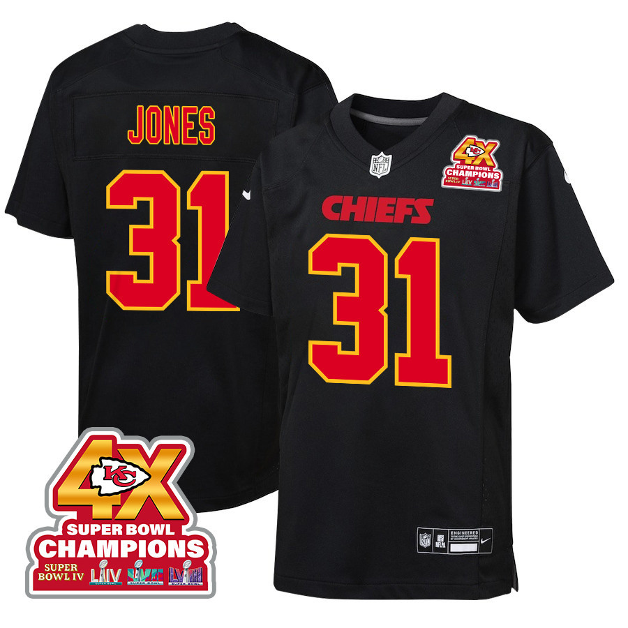 Nic Jones 31 Kansas City Chiefs Super Bowl LVIII Champions 4X Fashion Game YOUTH Jersey - Carbon Black JS5330 Saliibo
