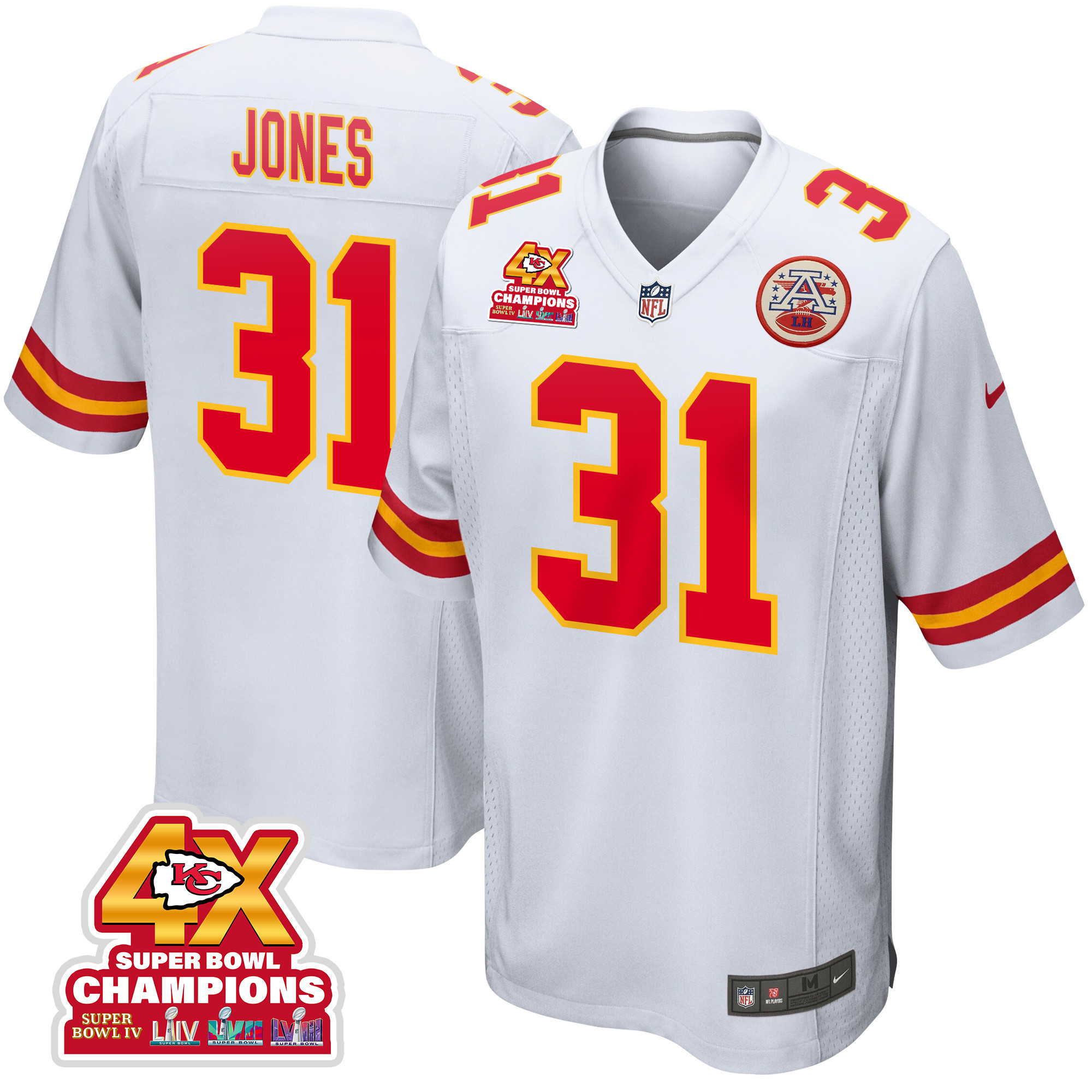 Nic Jones 31 Kansas City Chiefs Super Bowl LVIII Champions 4X Game Men Jersey - White JS6841 Saliibo