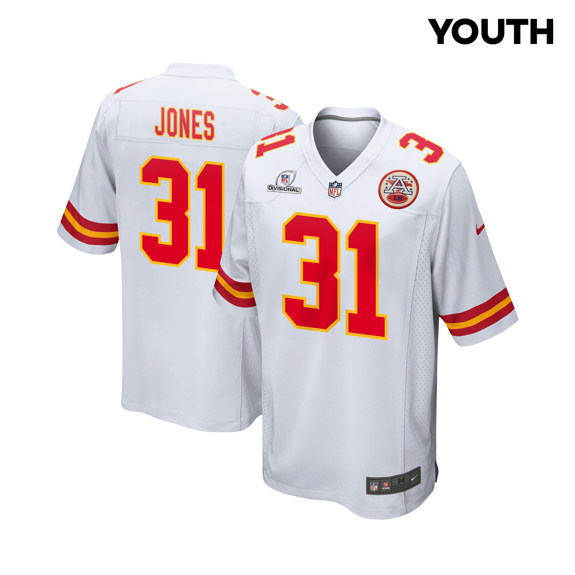 Nic Jones 31 Kansas City Chiefs Super Bowl LVIII Patch Game YOUTH Jersey - White JS7568 Saliibo