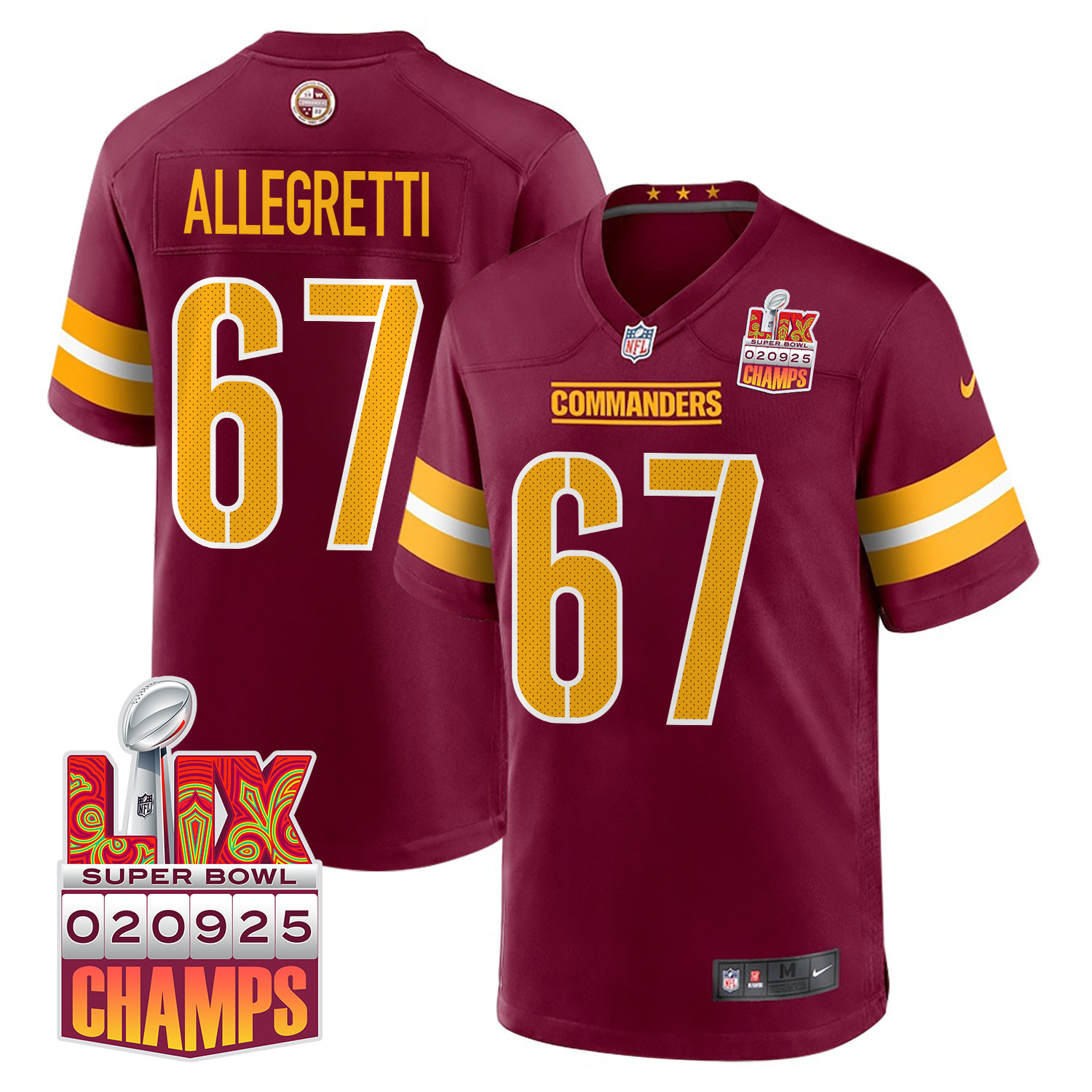 Nick Allegretti 67 Washington Commanders Super Bowl LIX Champions Patch Game Men Jersey - Burgundy JS3909 Saliibo